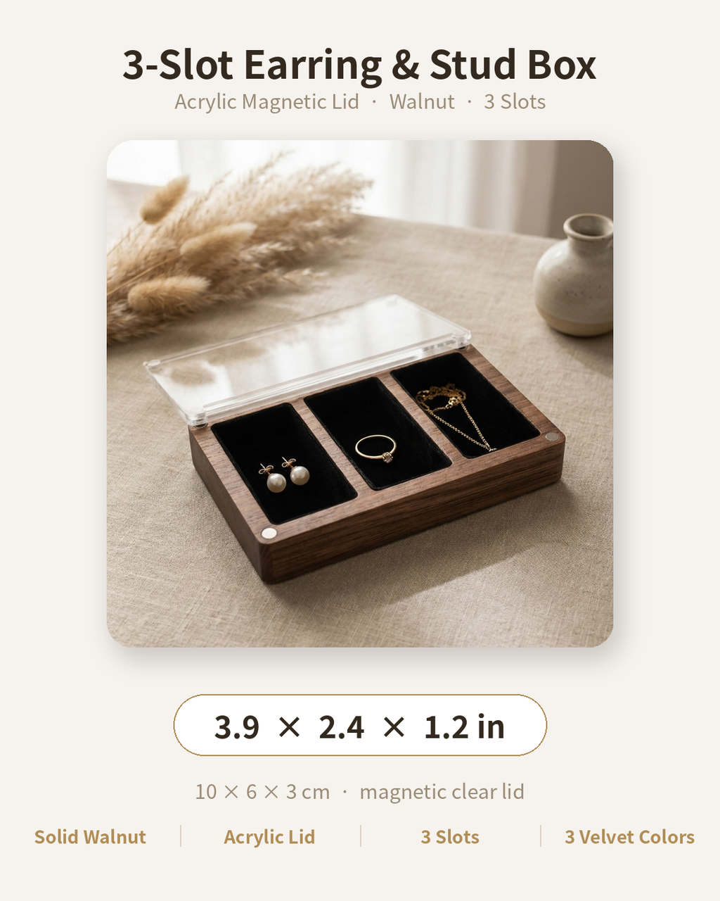 Walnut 3-slot earring and stud box with clear acrylic magnetic lid, size 3.9 in
