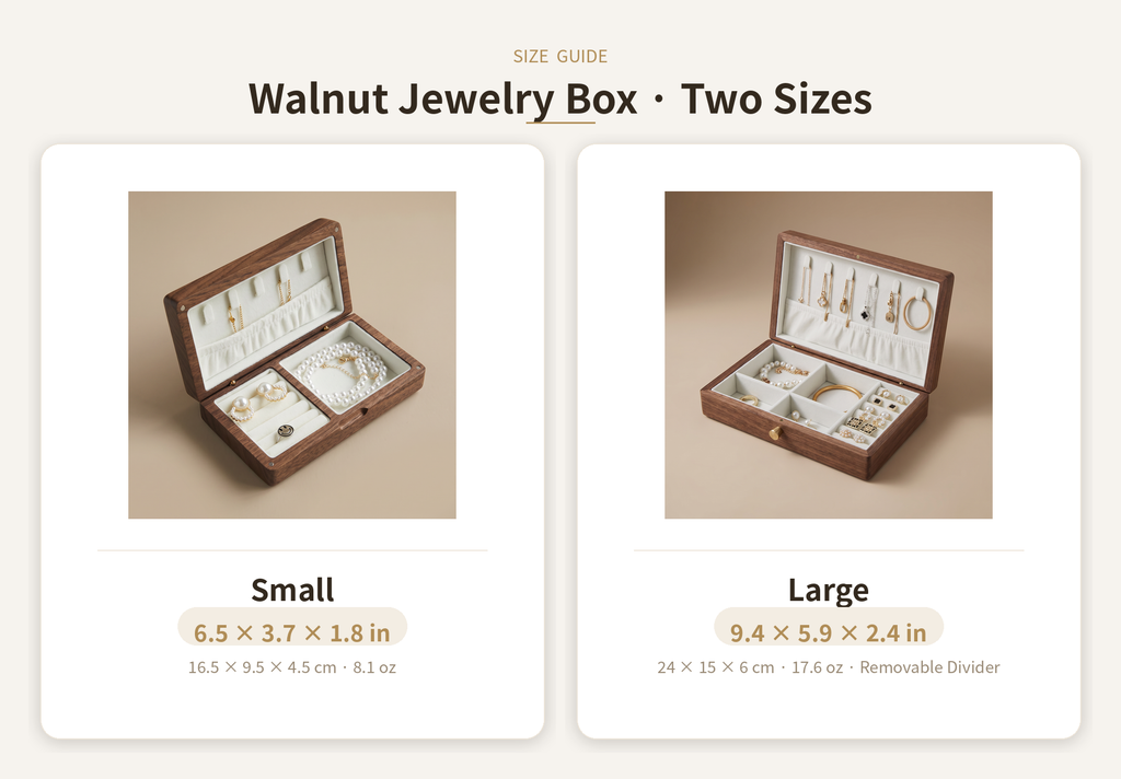 Walnut jewelry box set showing small and large sizes with open lids and velvet inserts.