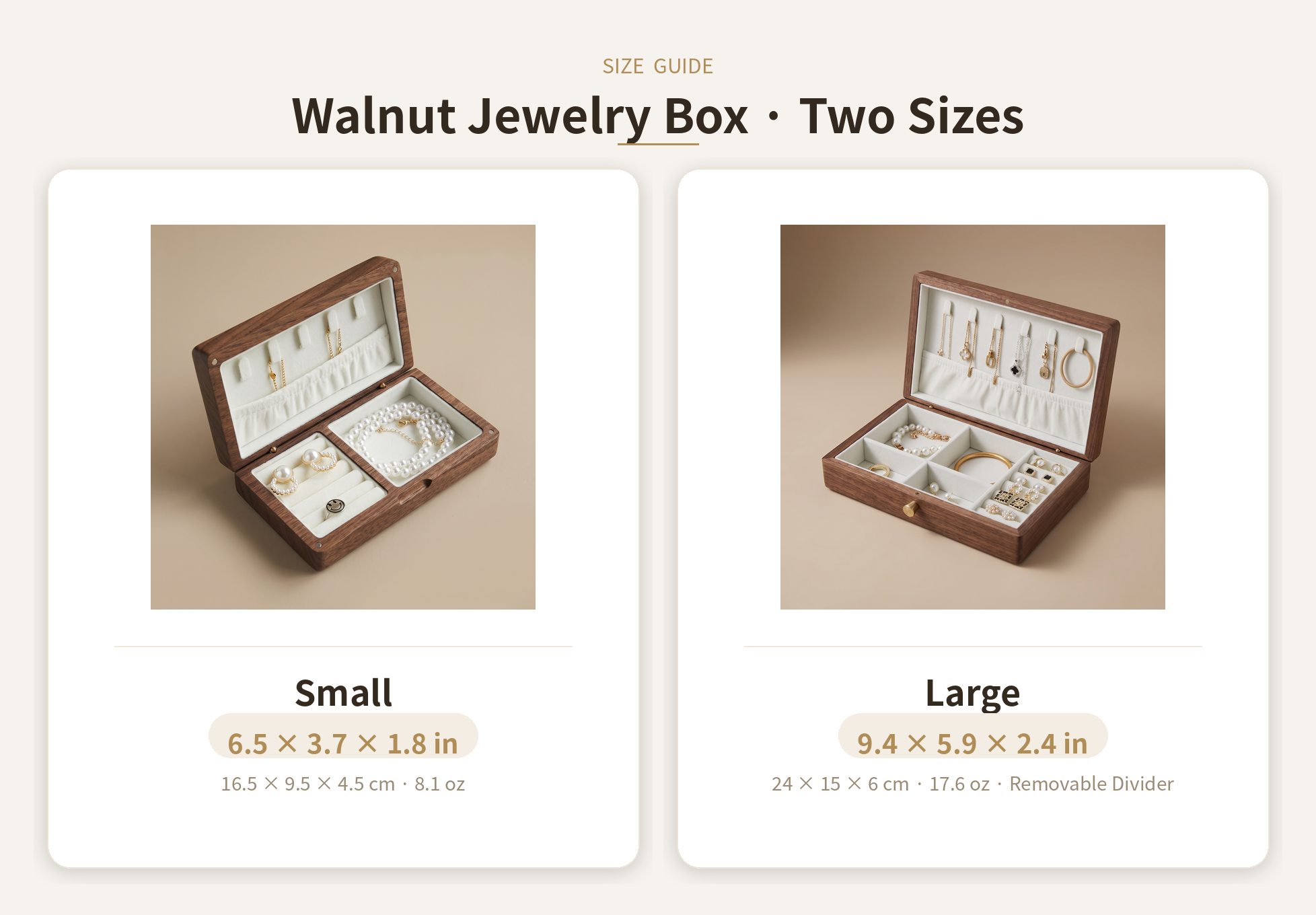 Walnut jewelry box set showing small and large sizes with open lids and velvet inserts.