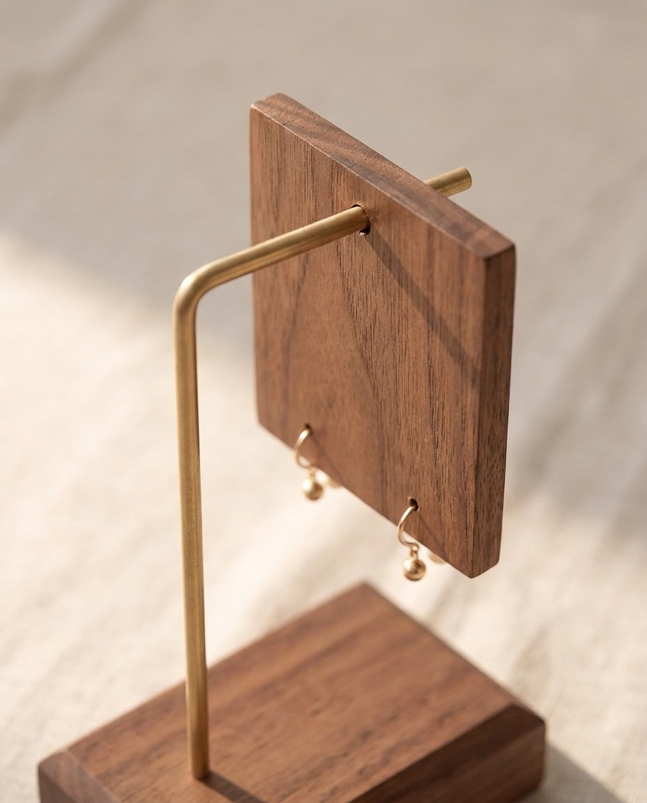 Walnut earring holder board with brass stand and hanging earring hooks