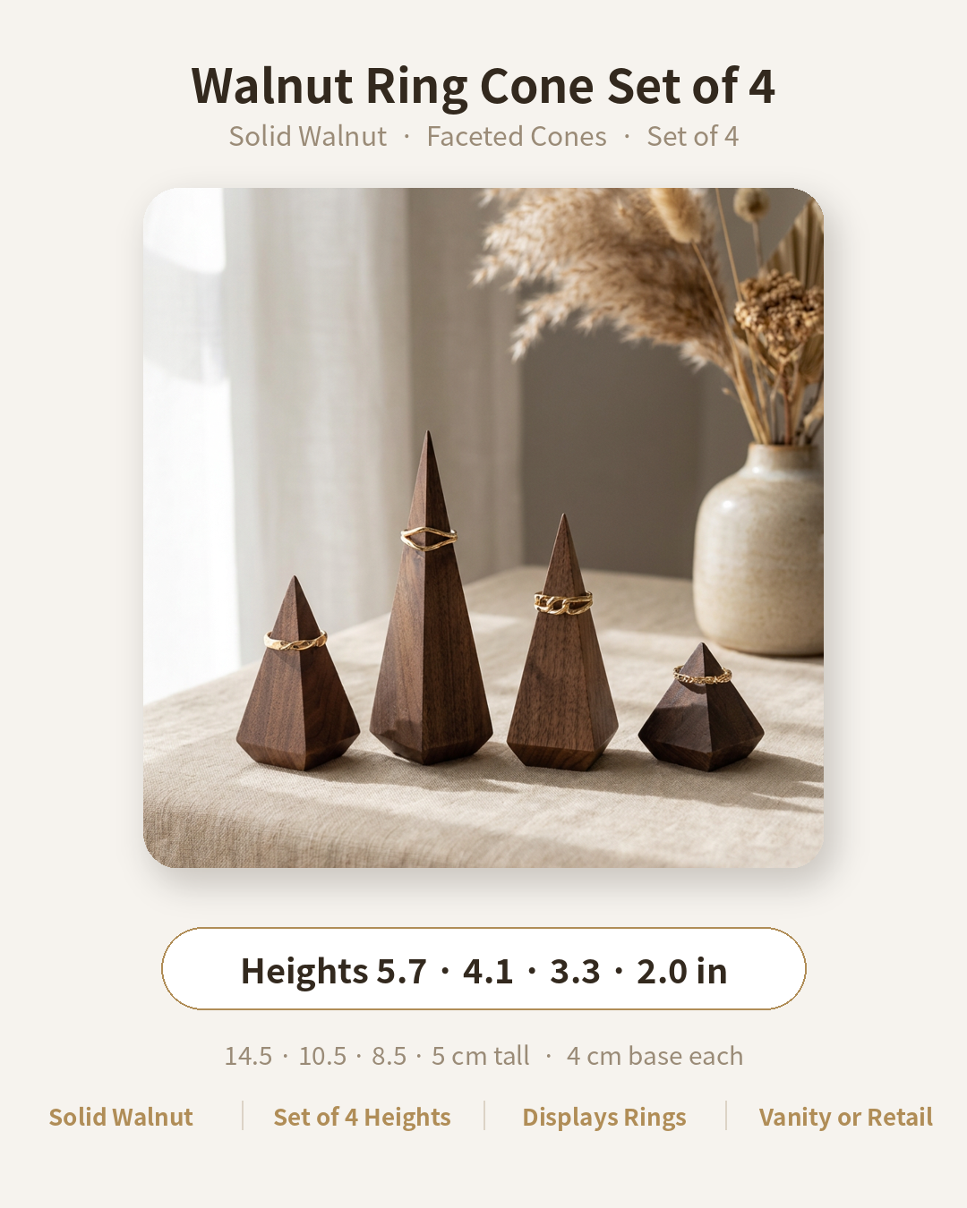 Product card showing Walnut ring cone set of 4 and size details