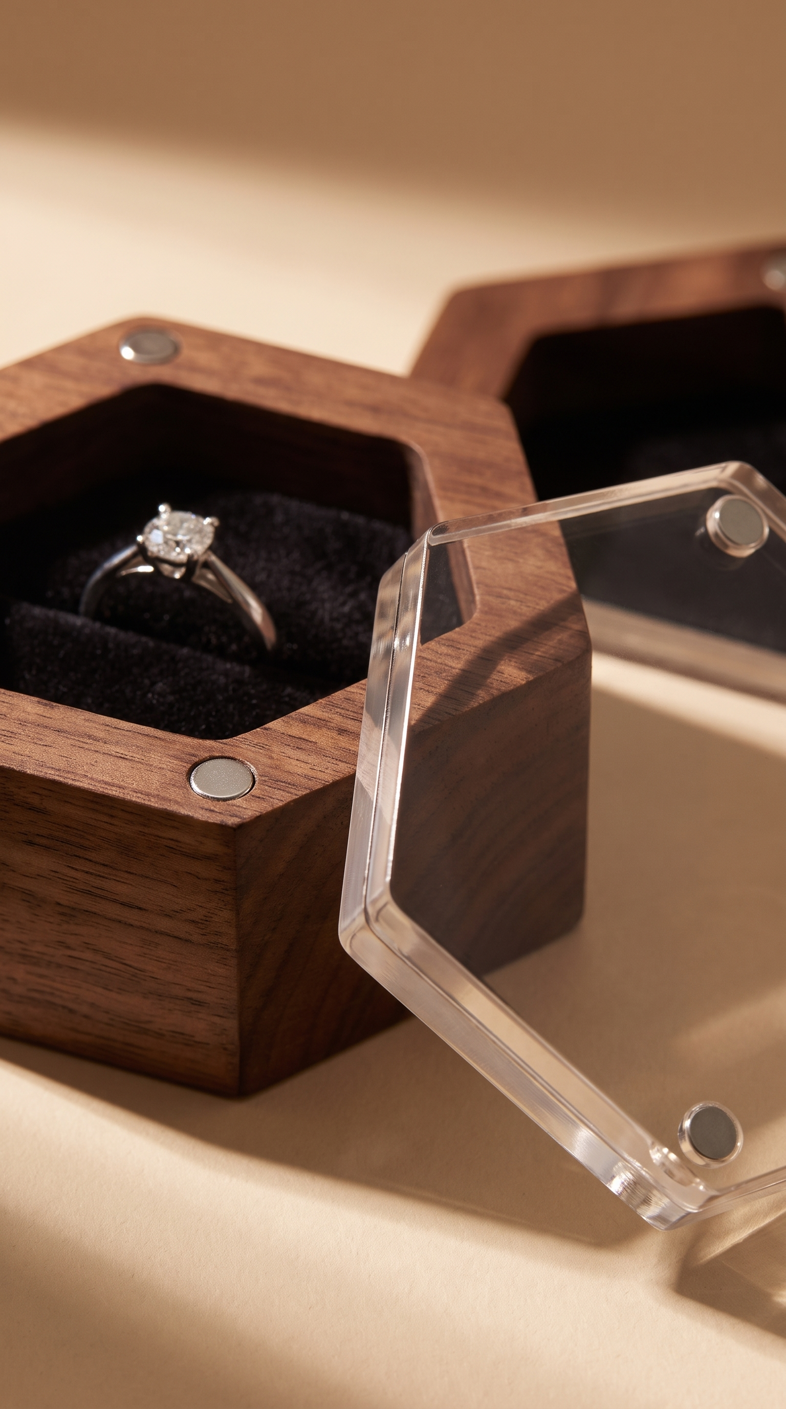 Open black walnut ring box with clear acrylic lid; ring cushion with ring inside