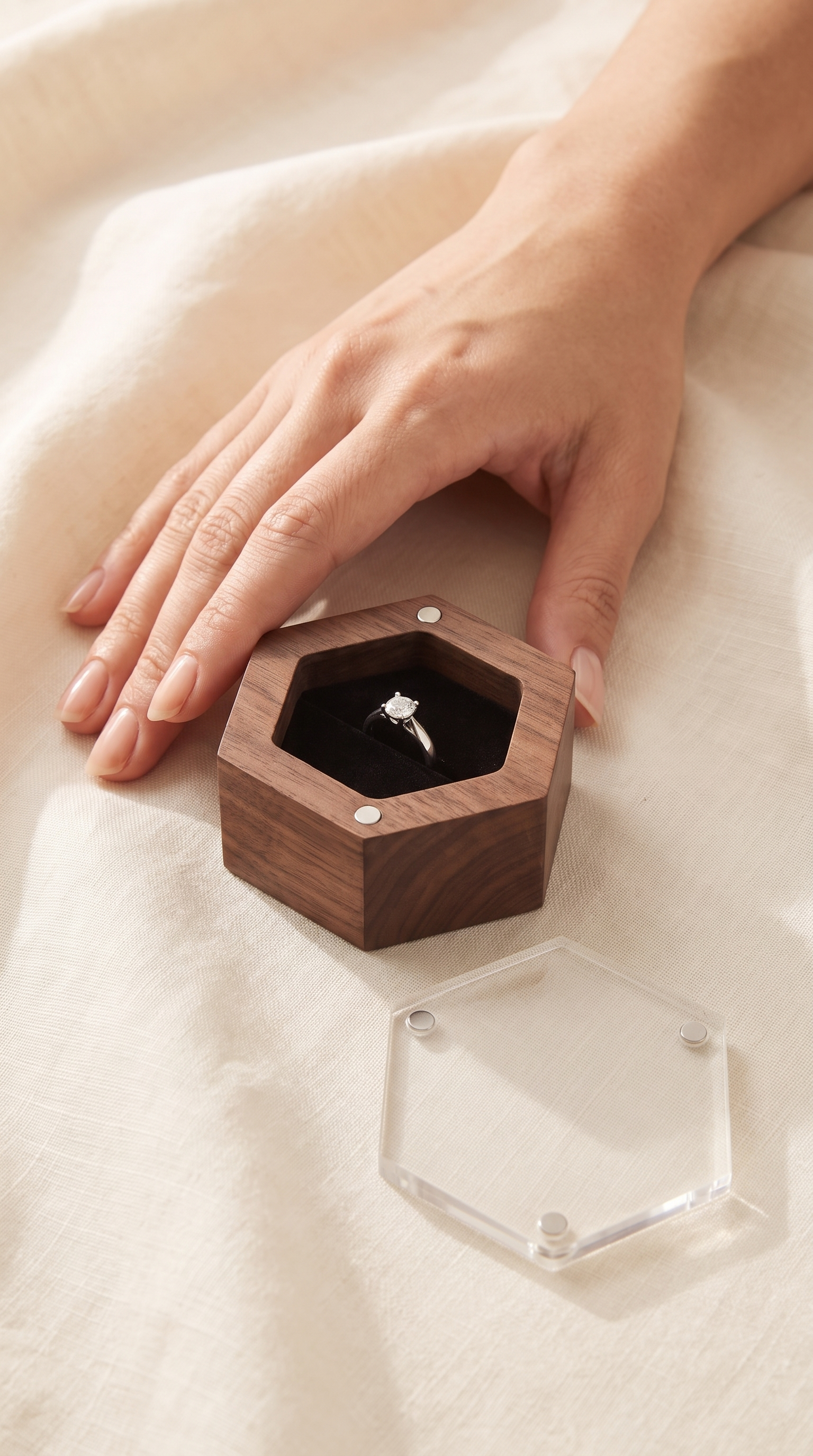 Black walnut ring box with clear acrylic lid and velvet interior, ring cushion open