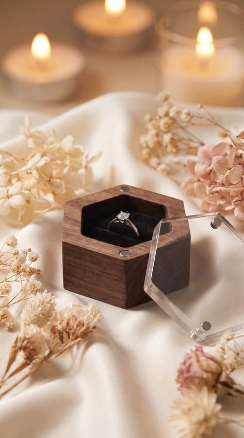 Black walnut ring box with clear acrylic lid; ring on dark velvet cushion