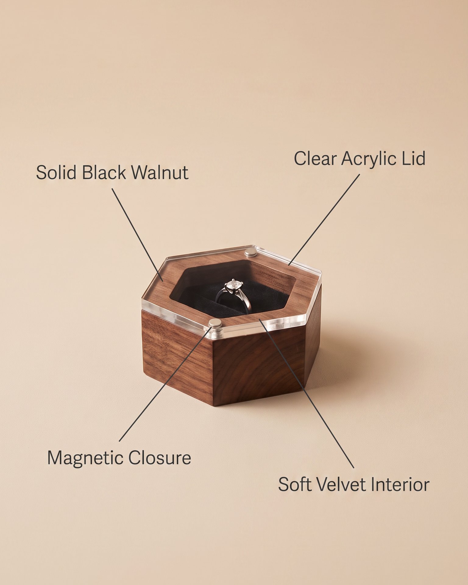 Hexagon walnut ring box features: solid black walnut, clear acrylic lid, magnetic closure, soft velvet interior