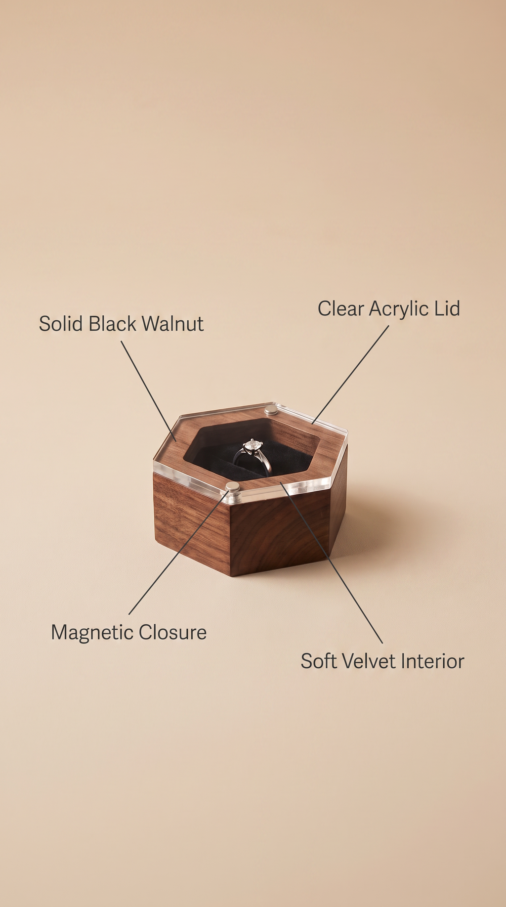 Black walnut ring box with clear acrylic lid, magnetic closure, soft velvet interior