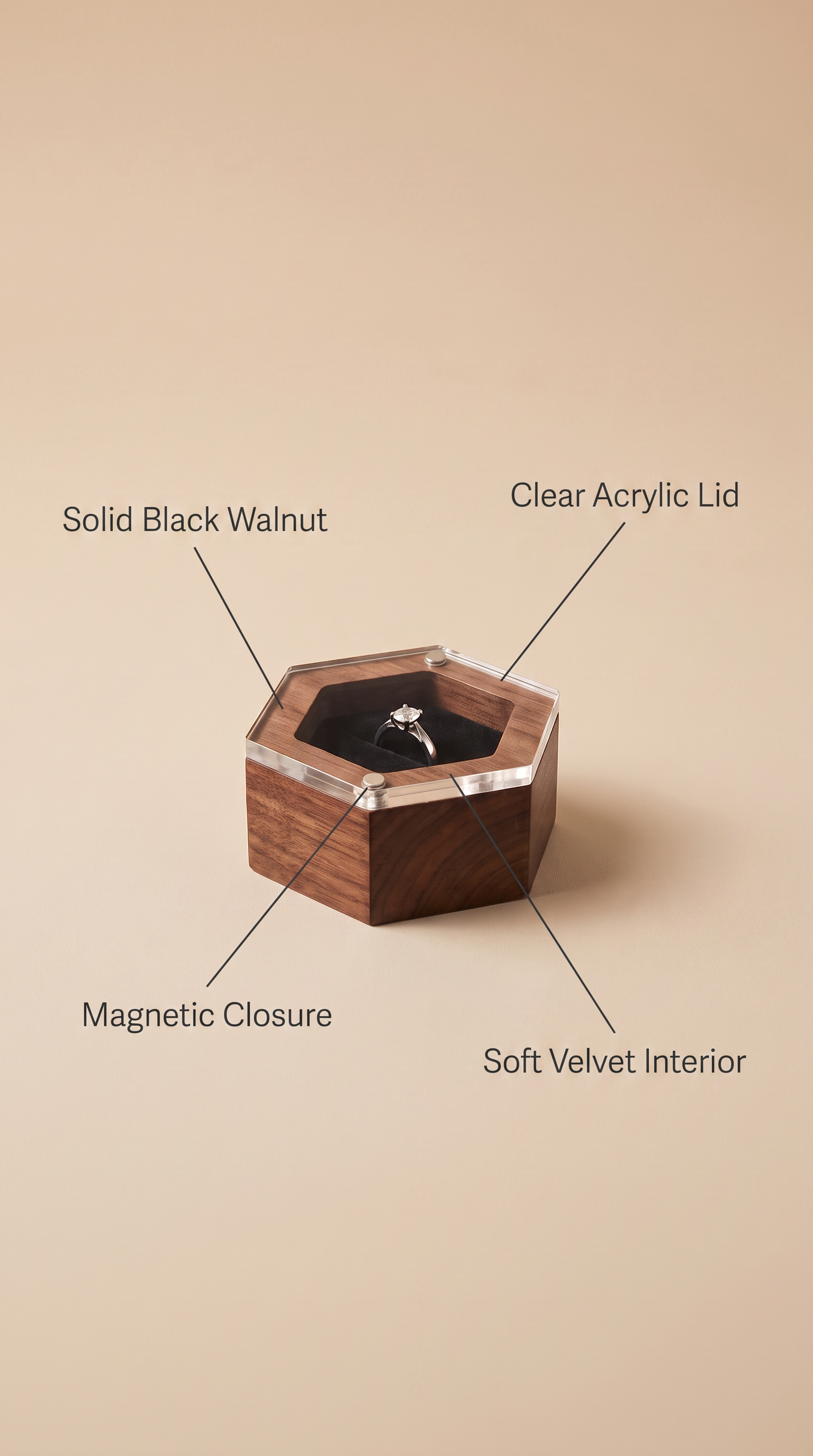 Black walnut ring box with clear acrylic lid, magnetic closure, soft velvet interior