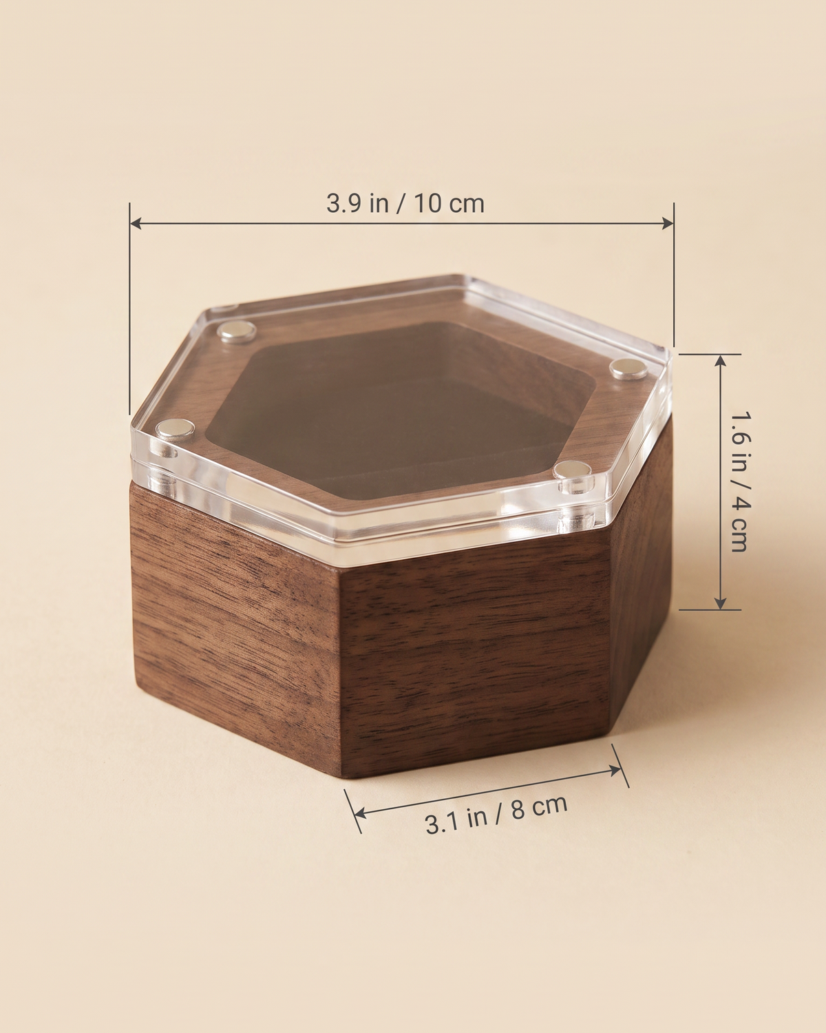 Hexagon walnut double ring box dimensions: 3.9 x 3.1 x 1.6 in (10 x 8 x 4 cm) across the flats