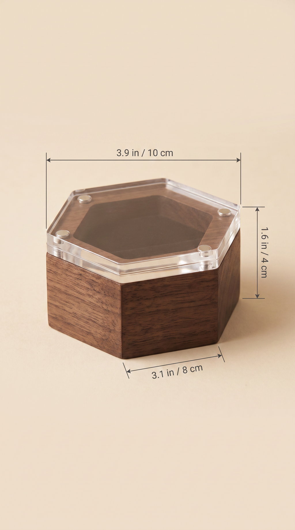 Black walnut ring box with clear acrylic lid; 3.9 in x 3.1 in x 4.5 in dimensions