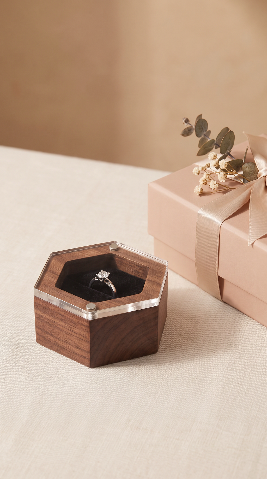 Black walnut ring box with clear acrylic lid; dark velvet ring cushion on display