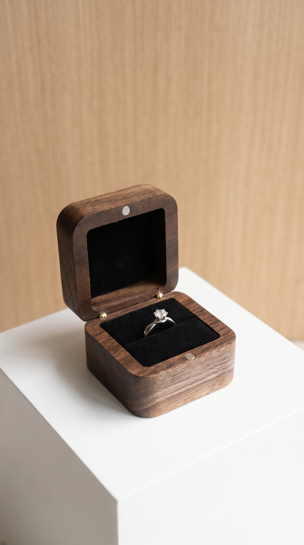 Walnut wood ring box with open lid, black velvet insert, ring on cushion
