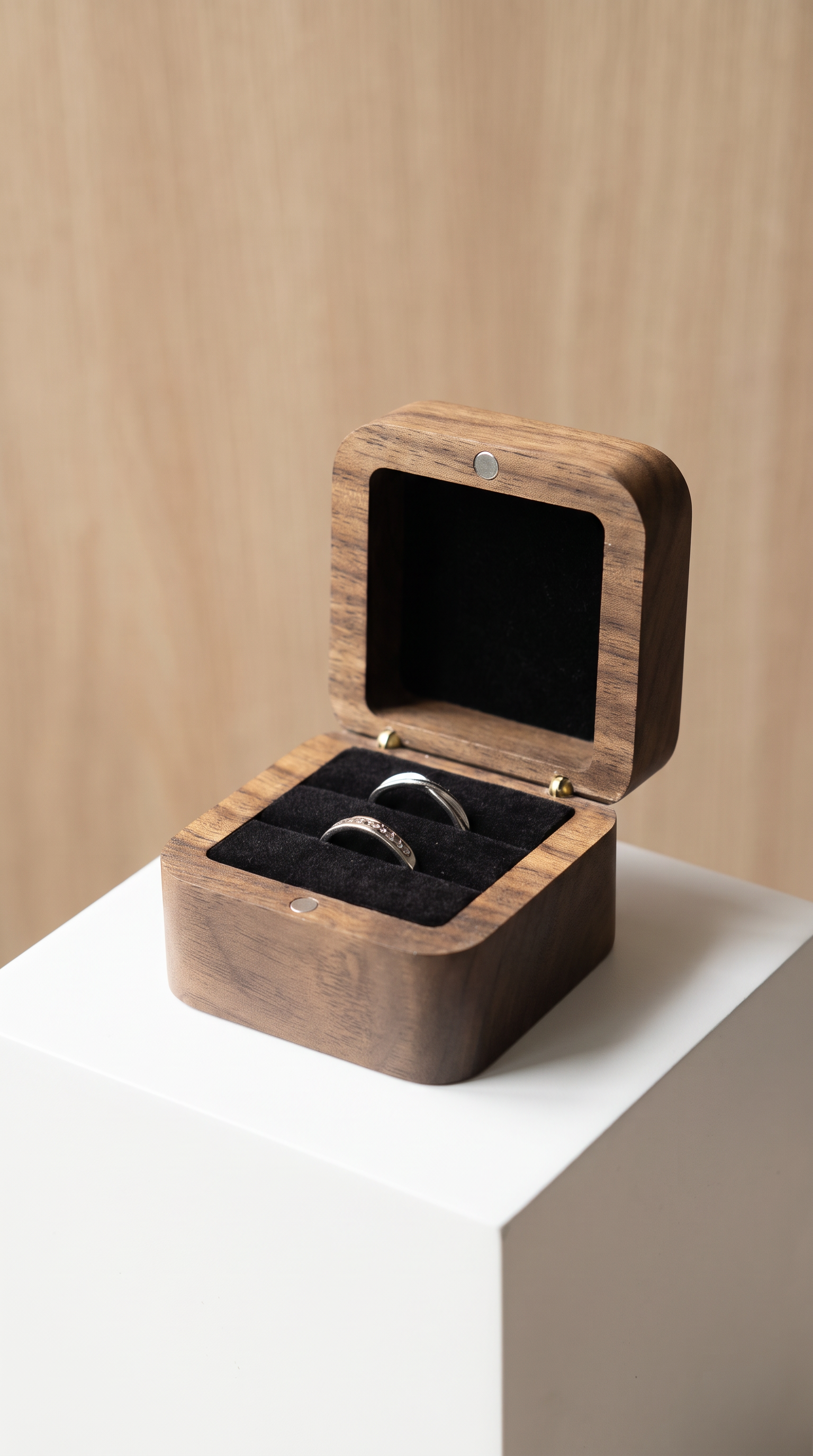 Walnut wood ring box with open lid and black velvet cushion holding two rings