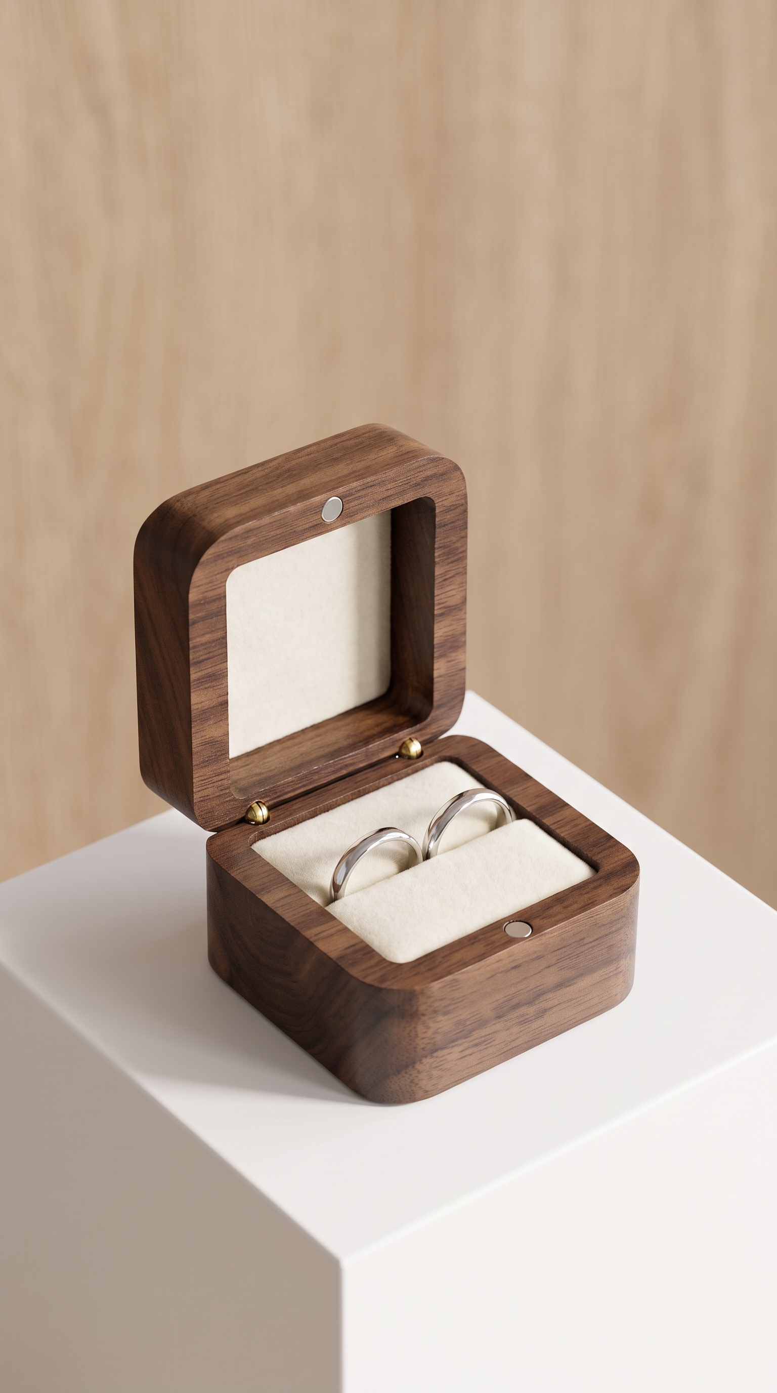 Walnut wood ring box with open lid and white velvet cushion holding two rings