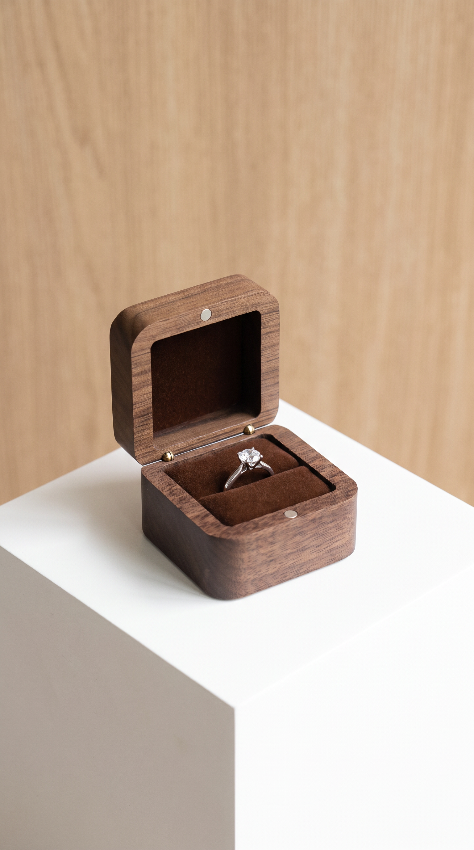 Walnut wood ring box with open lid and dark coffee velvet cushion holding a ring