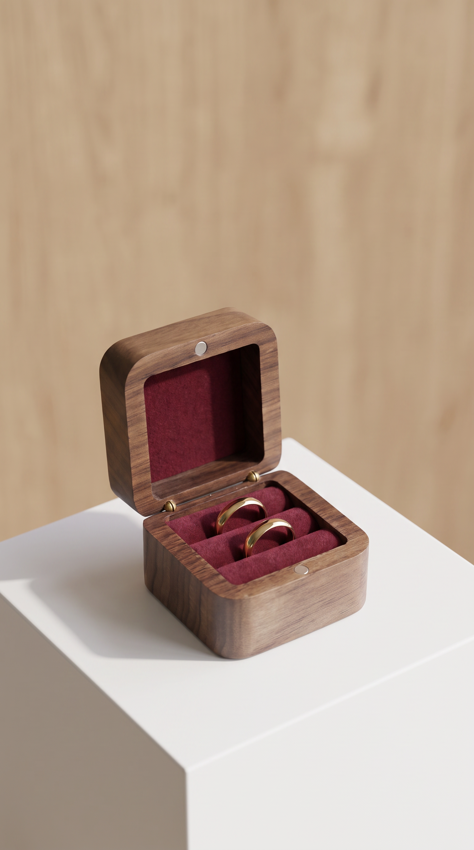 Walnut wood ring box with open lid and wine red velvet insert holding two rings