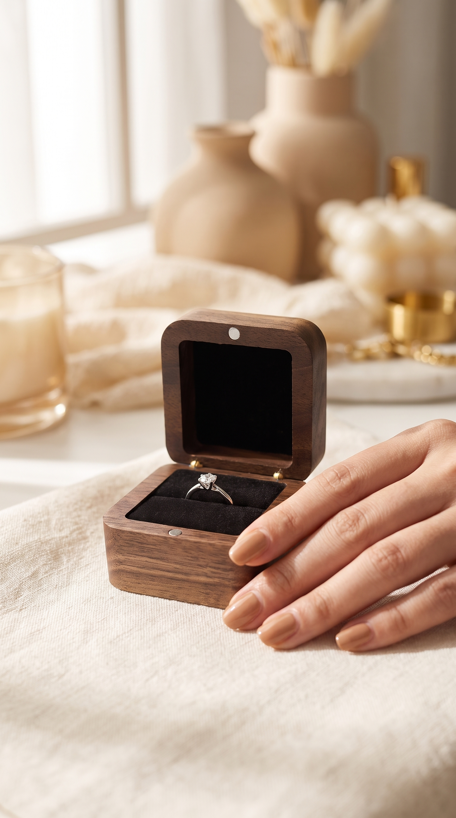 Walnut wood ring box with open lid and black velvet ring slot, gold ring inside