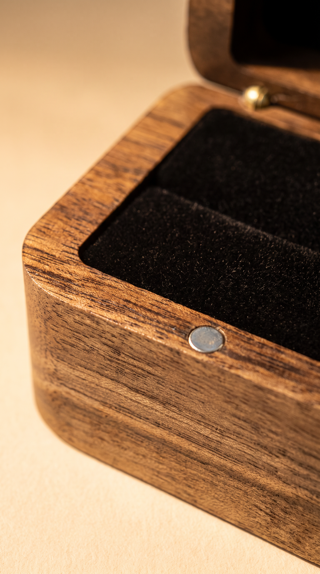 Walnut wood ring box lid with round metal snap button, black velvet interior