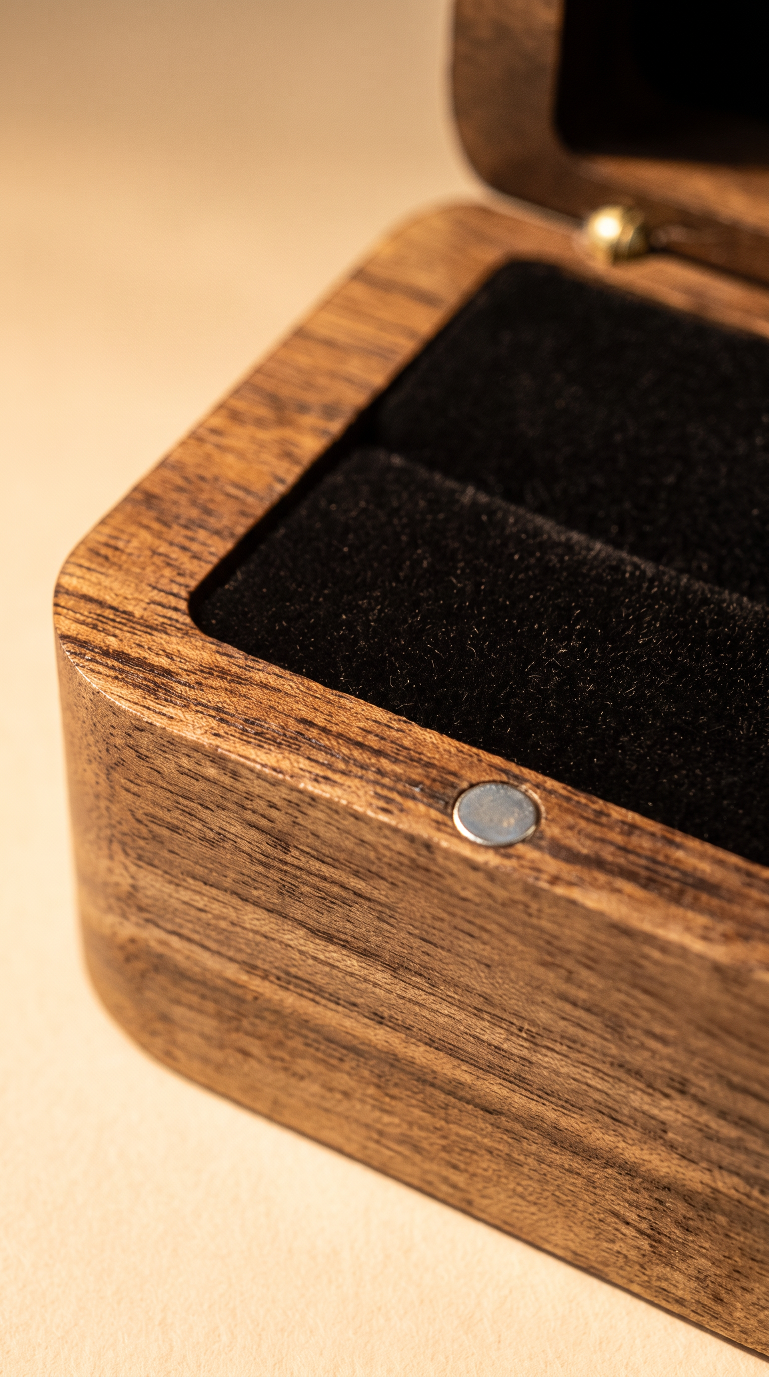 Walnut wood ring box lid with round metal snap button, black velvet interior