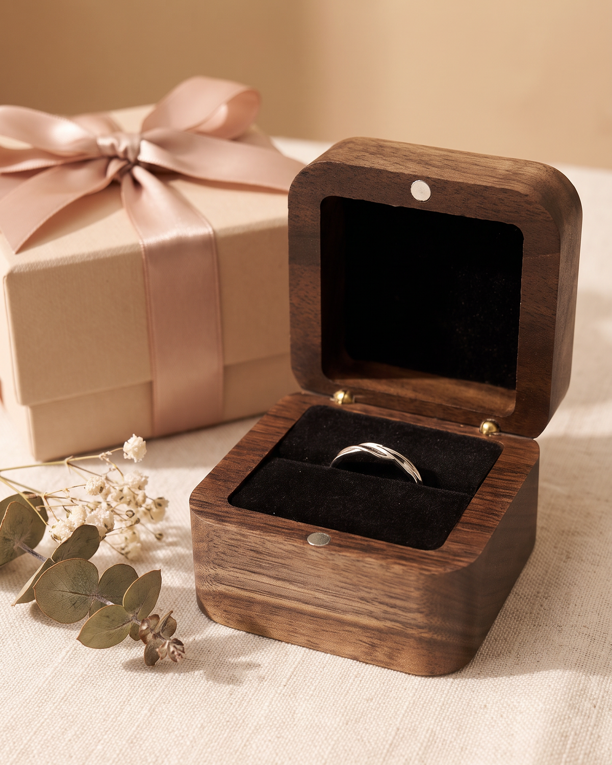 Walnut ring box open beside a ribboned gift box, black velvet ring slot