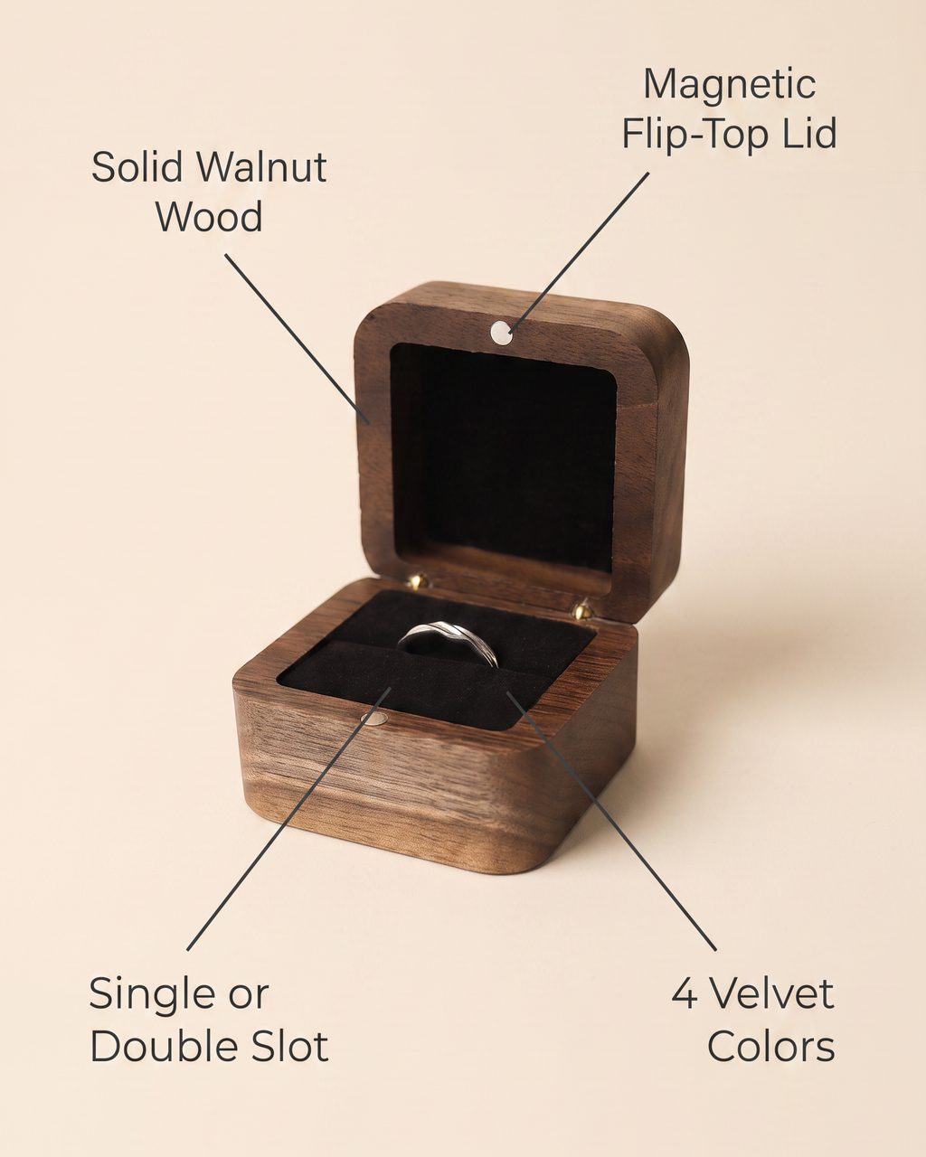 Solid walnut ring box with magnetic flip-top lid and velvet ring insert