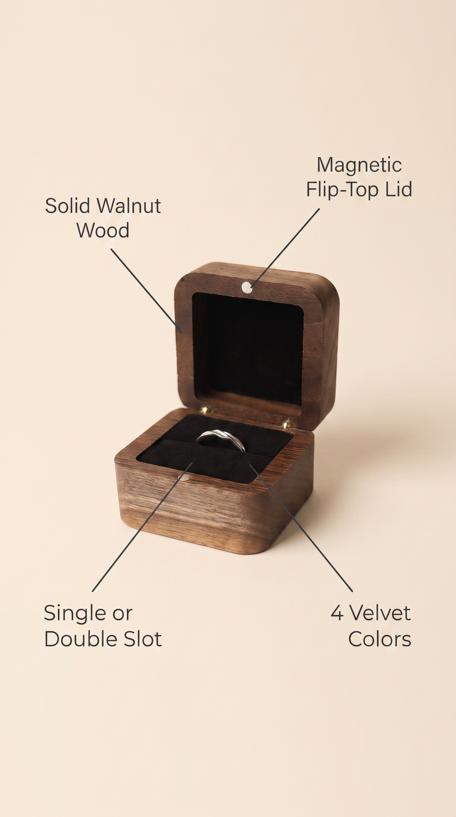 Walnut ring box with black velvet magnetic flip-top lid and single ring slot
