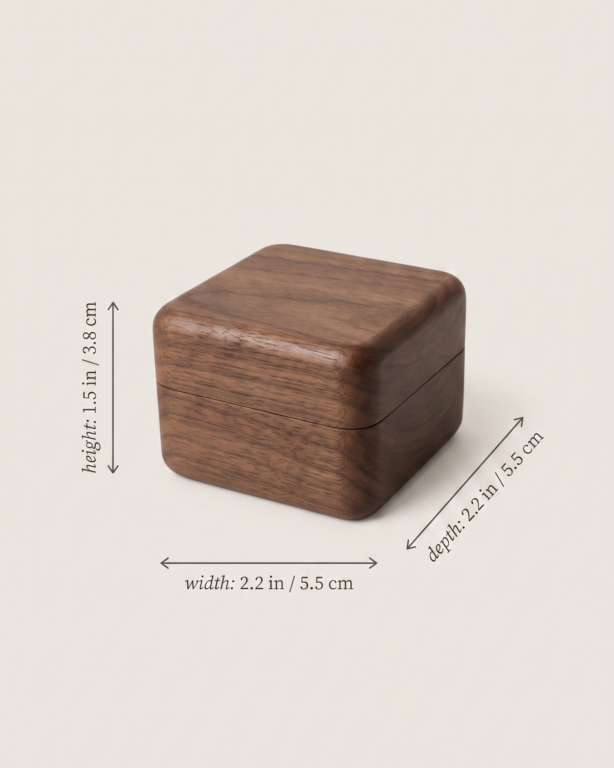 Solid walnut ring box with lid shown with width, height, and depth measurements