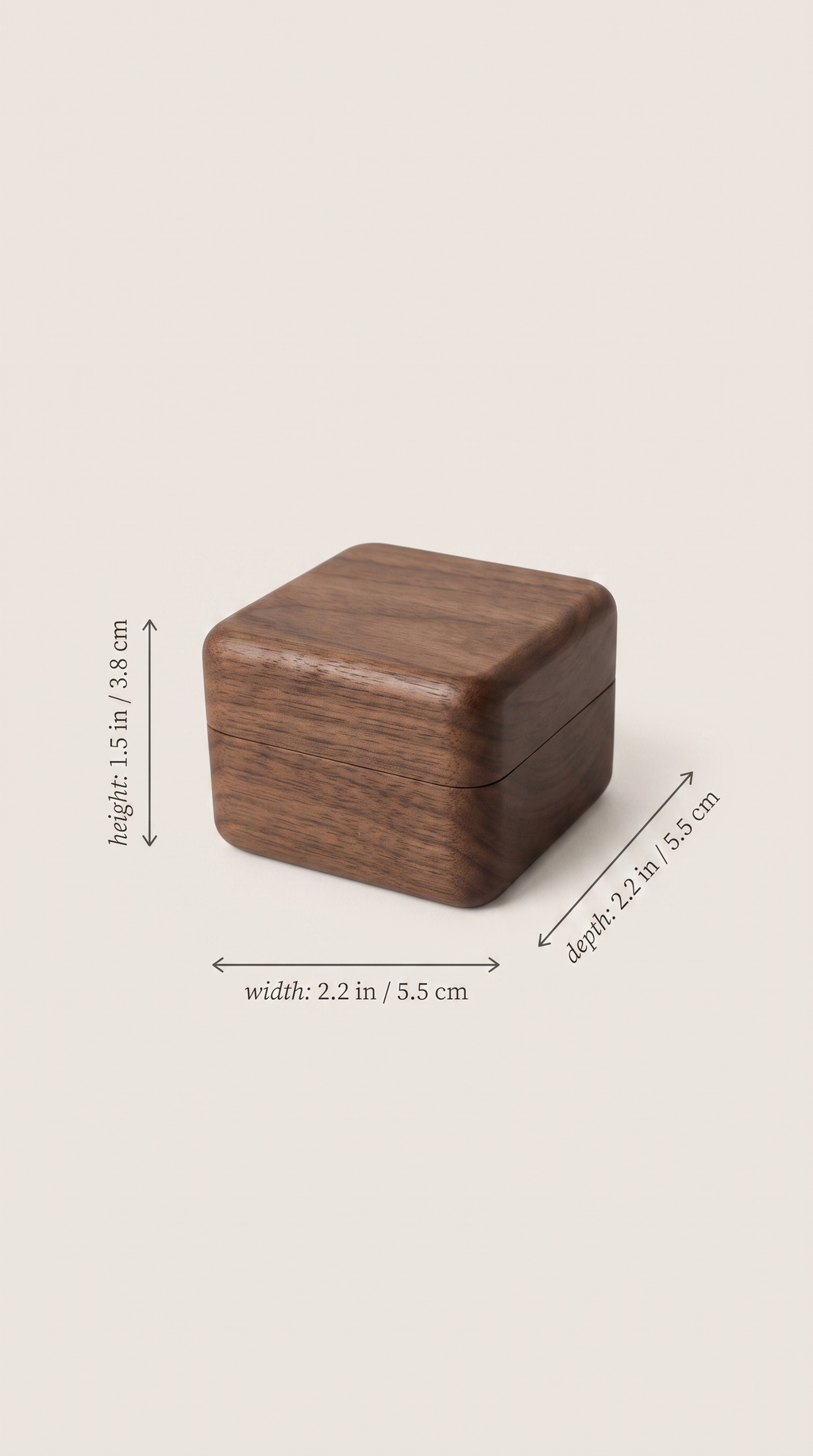 Walnut ring box, compact size 2.2 in wide, 1.5 in high, 1.5 in deep