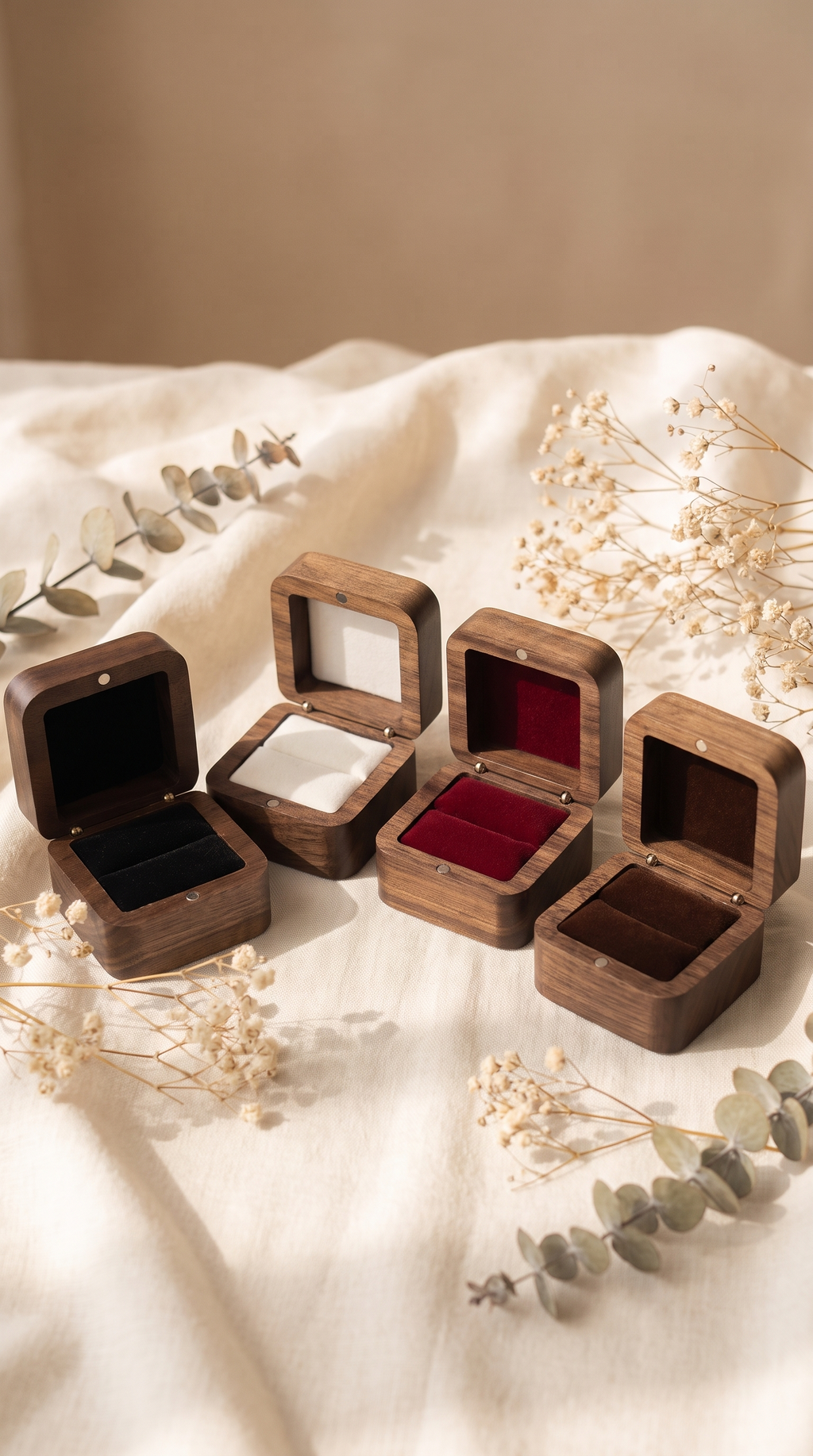 Walnut ring boxes with velvet-lined single slots in black, white, wine red, and coffee