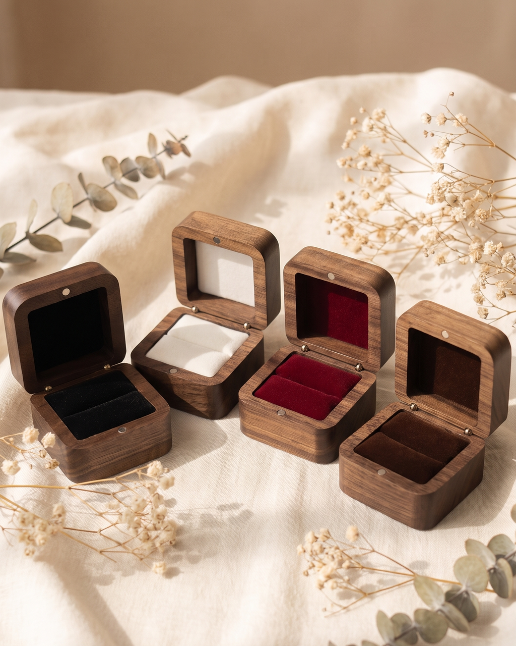 Solid walnut ring boxes with different velvet colors and ring compartments