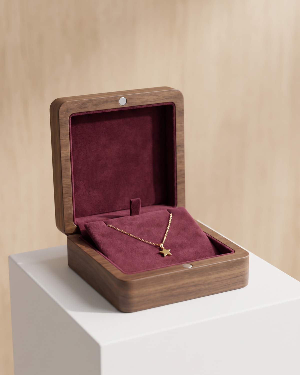 Walnut necklace box with open lid and wine red velvet insert for pendant necklace