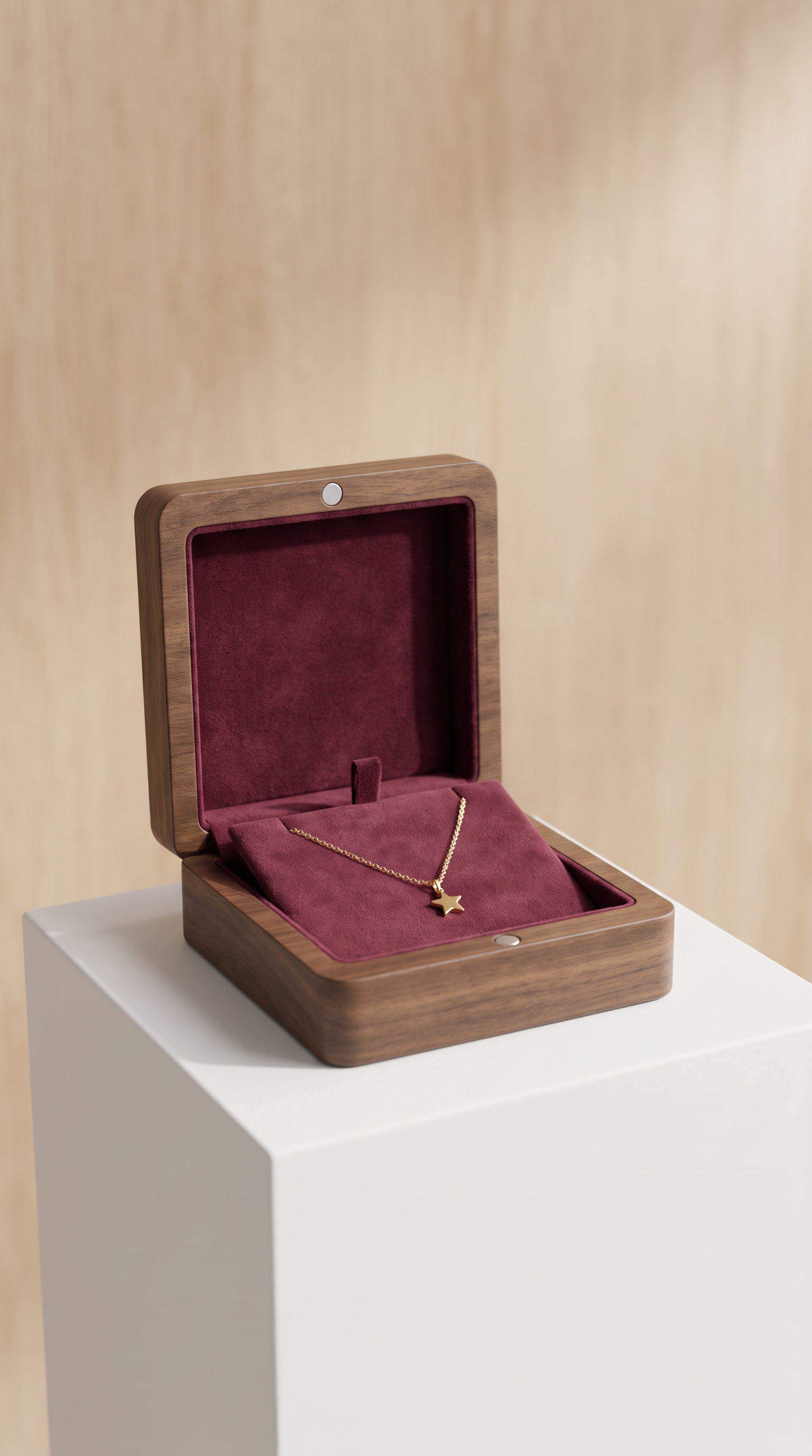 Walnut necklace box with open lid, wine-red velvet insert, gold necklace on tray