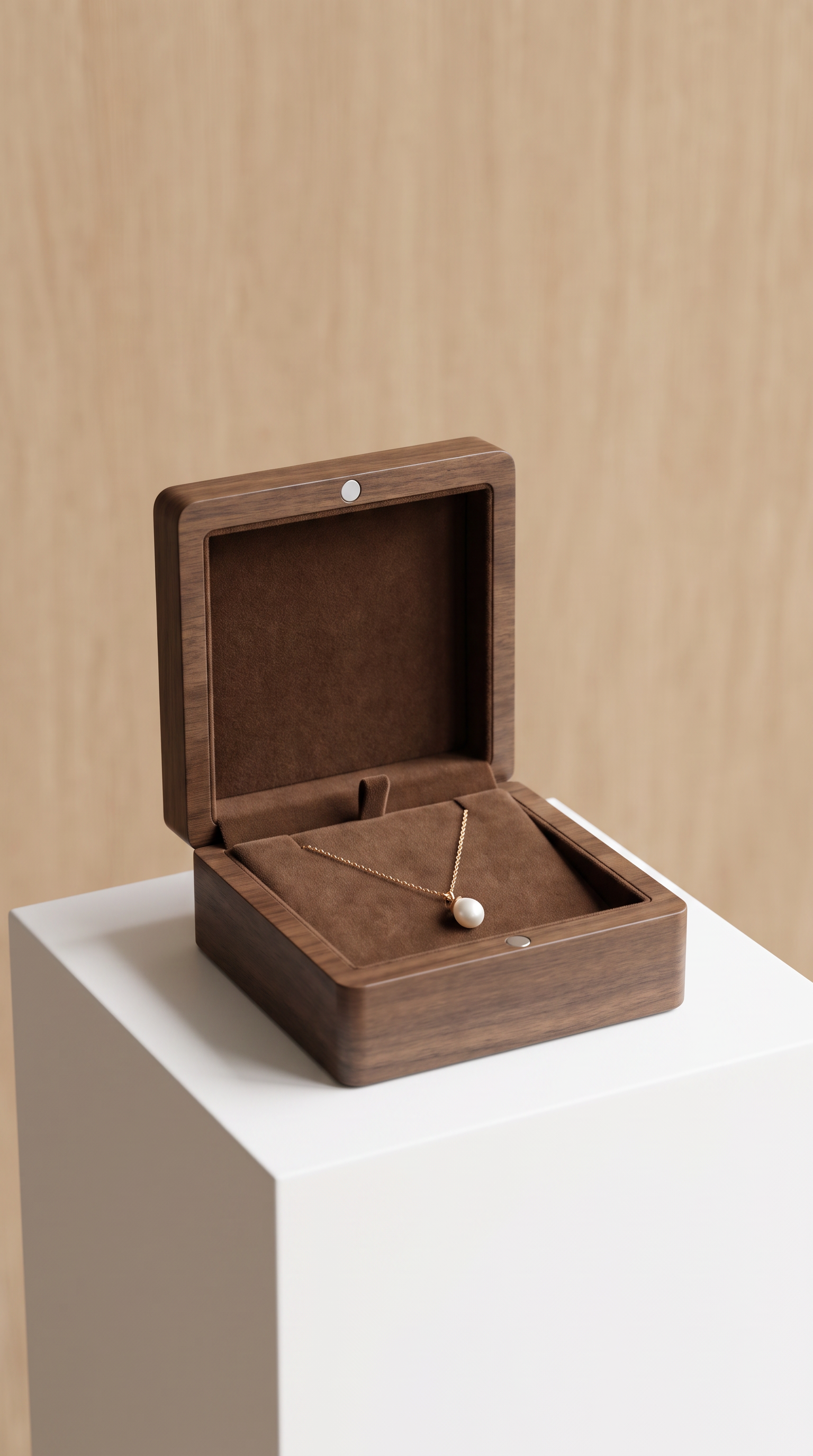 Walnut necklace box with open lid, brown velvet insert, necklace resting on base
