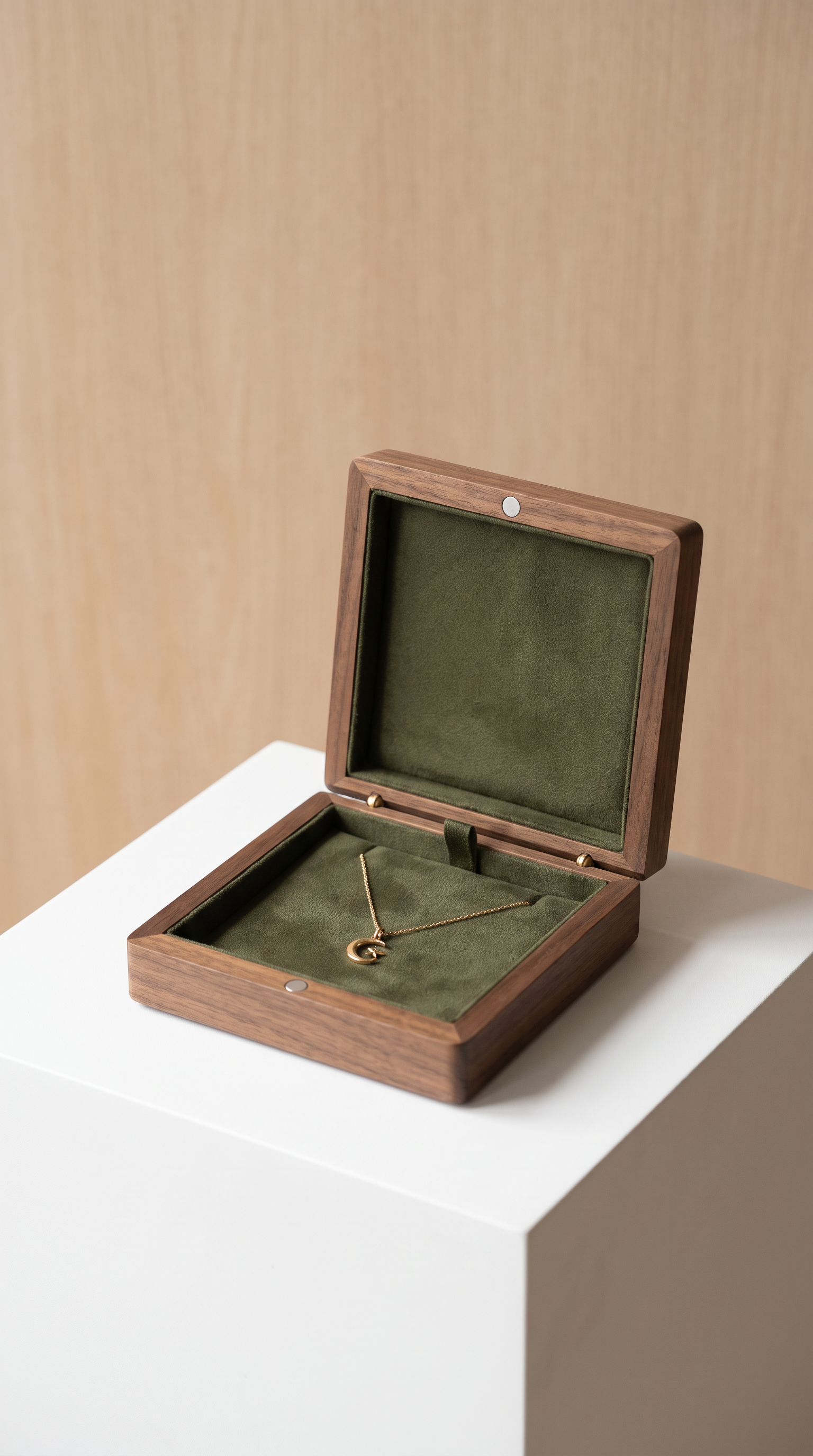 Walnut necklace box with open lid, olive-green velvet insert, pendant necklace on tray