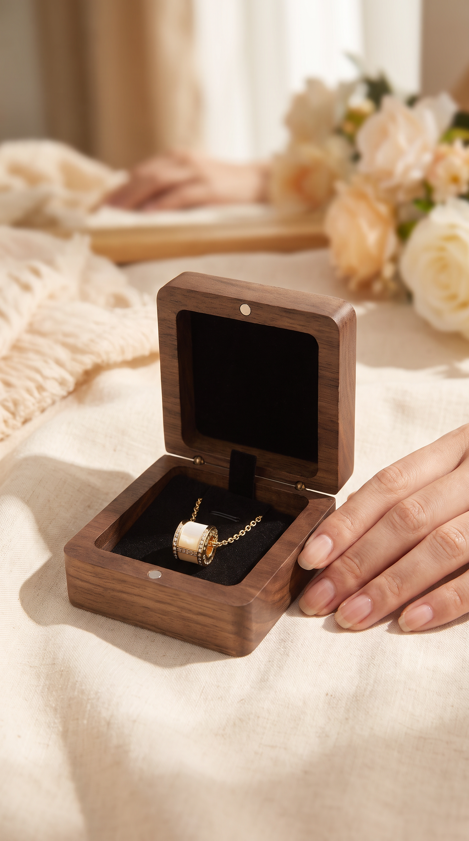 Walnut necklace box with open lid, black velvet insert, chain necklace on dark tray
