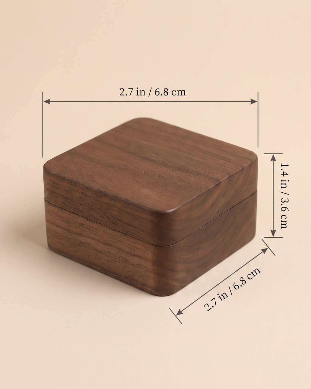 Walnut necklace box with lid, shown with dimensions 2.7 in and 1.4 in