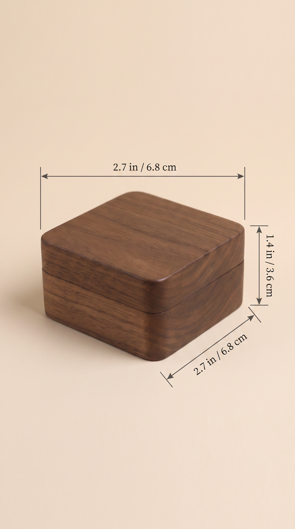 Walnut wooden necklace box size: 2.7 in x 2.7 in x 1.1 in (6.8 x 6.8 x 1.3 cm)