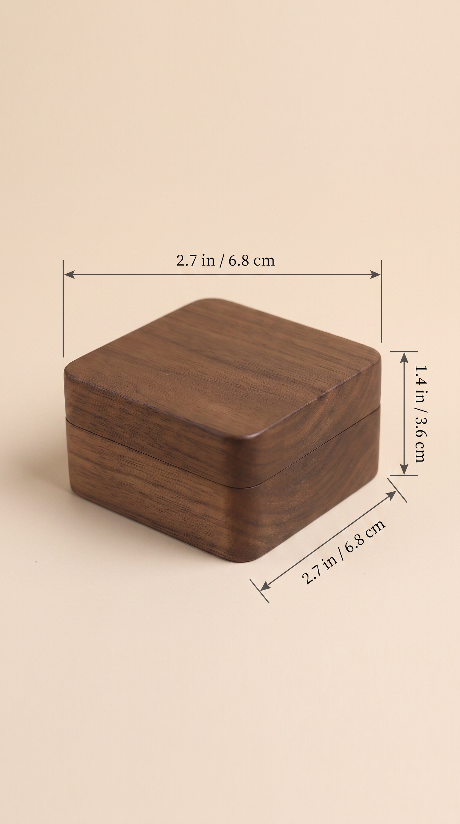 Walnut wooden necklace box size: 2.7 in x 2.7 in x 1.1 in (6.8 x 6.8 x 1.3 cm)