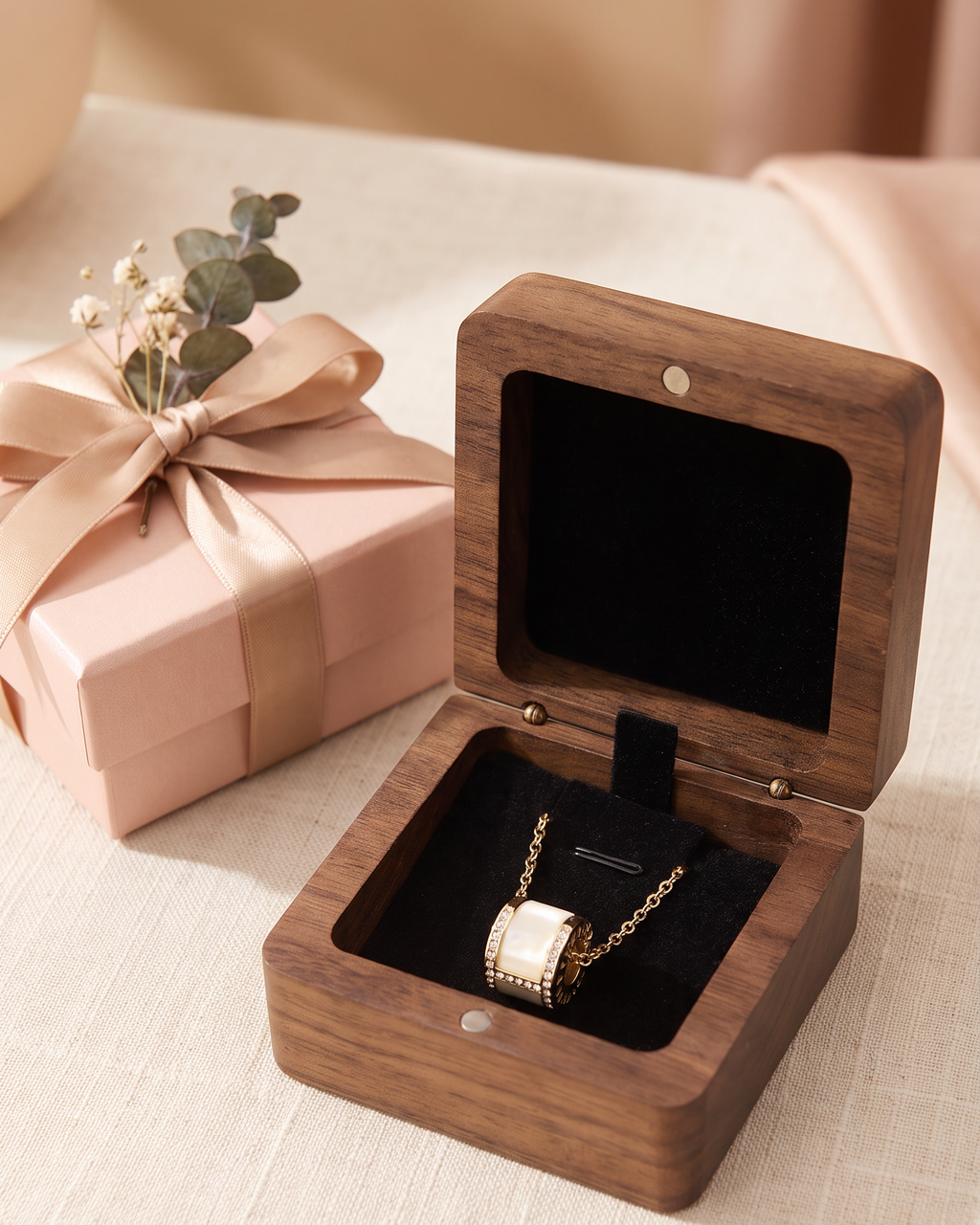 Walnut necklace box with open lid and black velvet insert, necklace on cushion