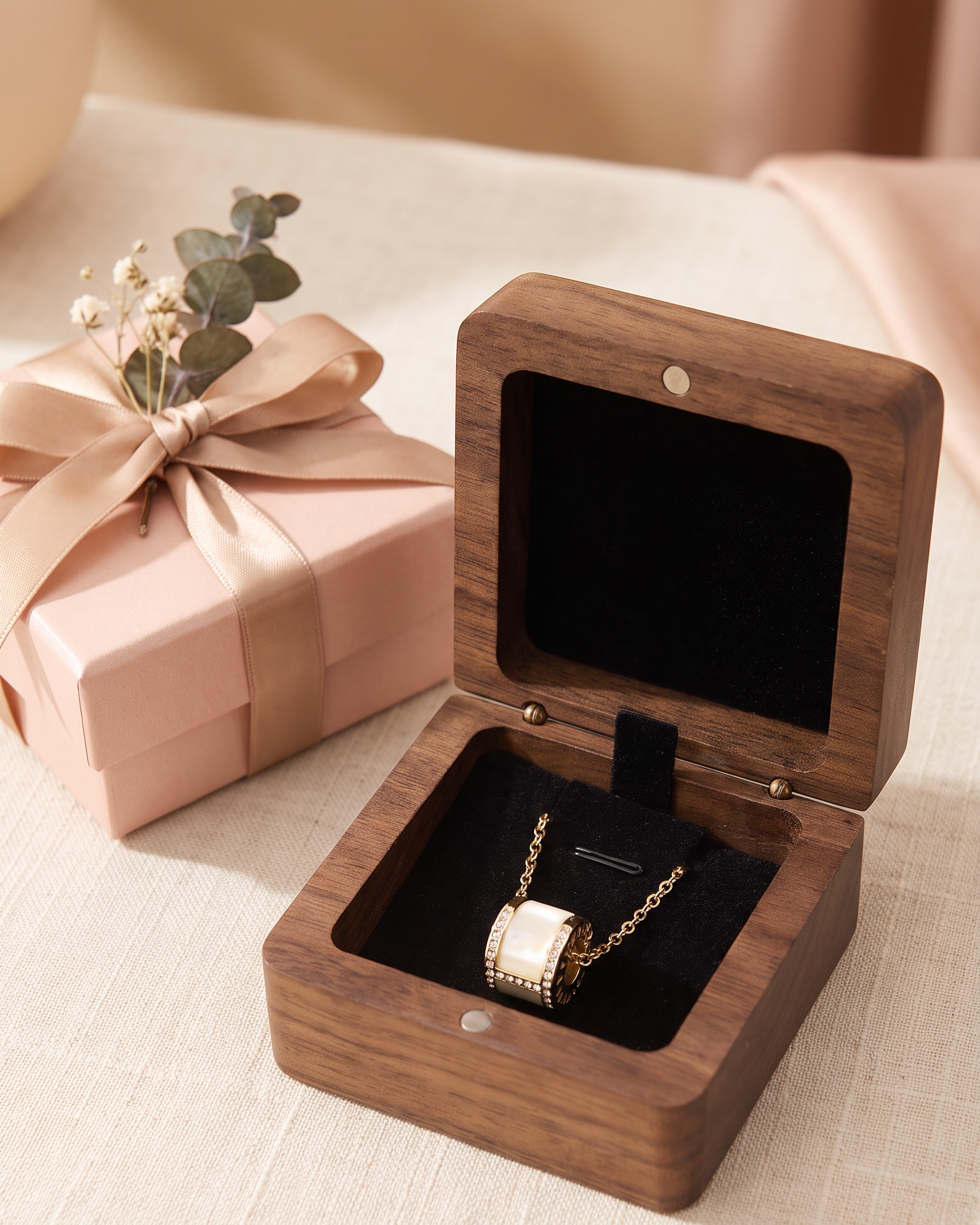 Walnut necklace box open beside a ribboned gift box, chain necklace on black velvet