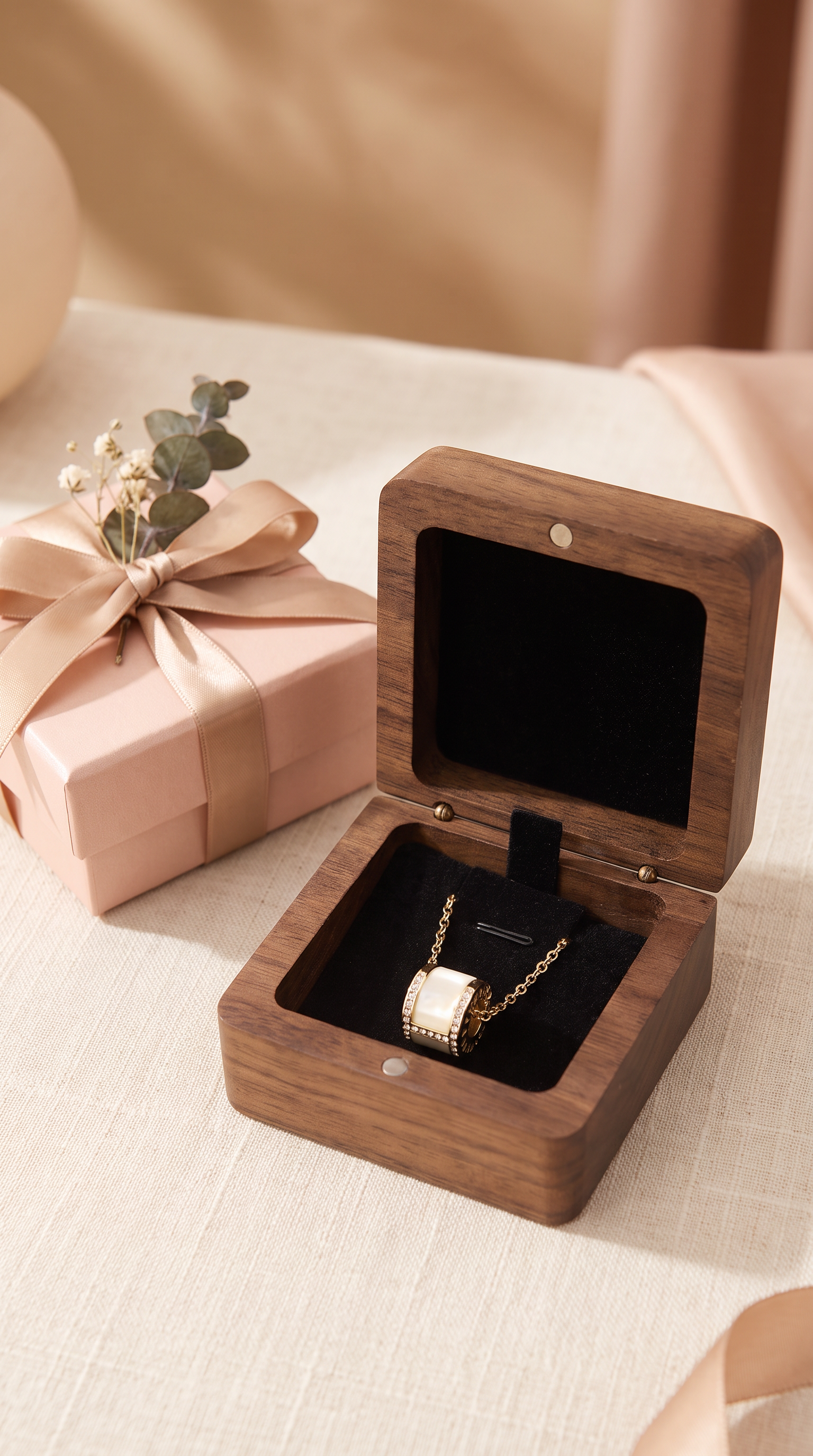 Walnut necklace box with open lid, black velvet insert, chain necklace displayed in tray