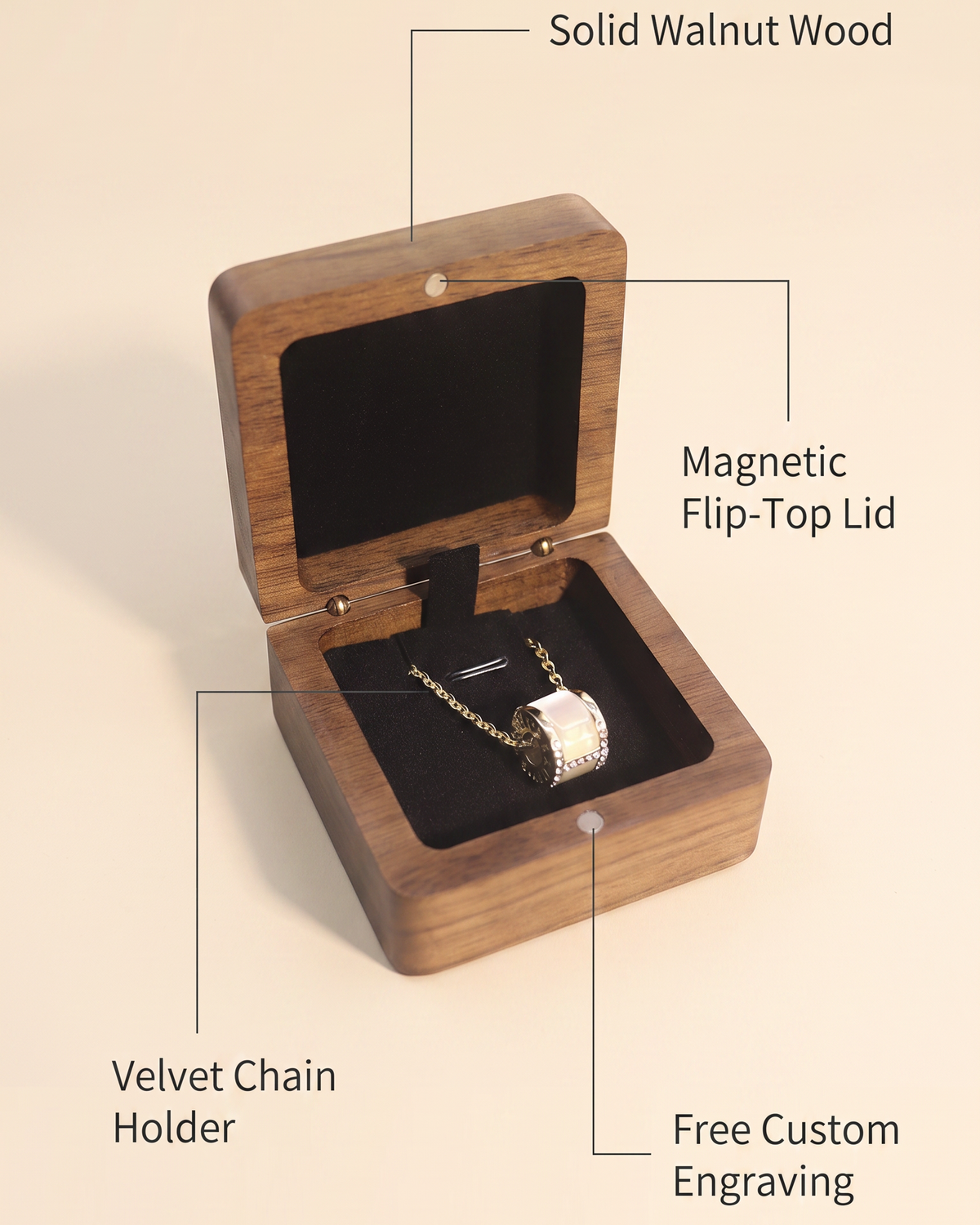 Walnut necklace box with black velvet insert, magnetic flip-top lid and custom engraving
