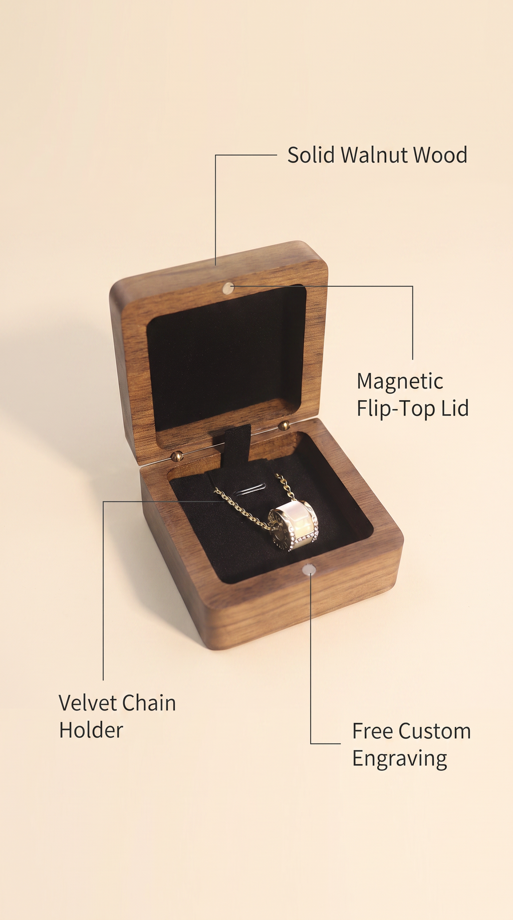 Walnut necklace box with magnetic flip-top lid, black velvet chain holder, necklace inside