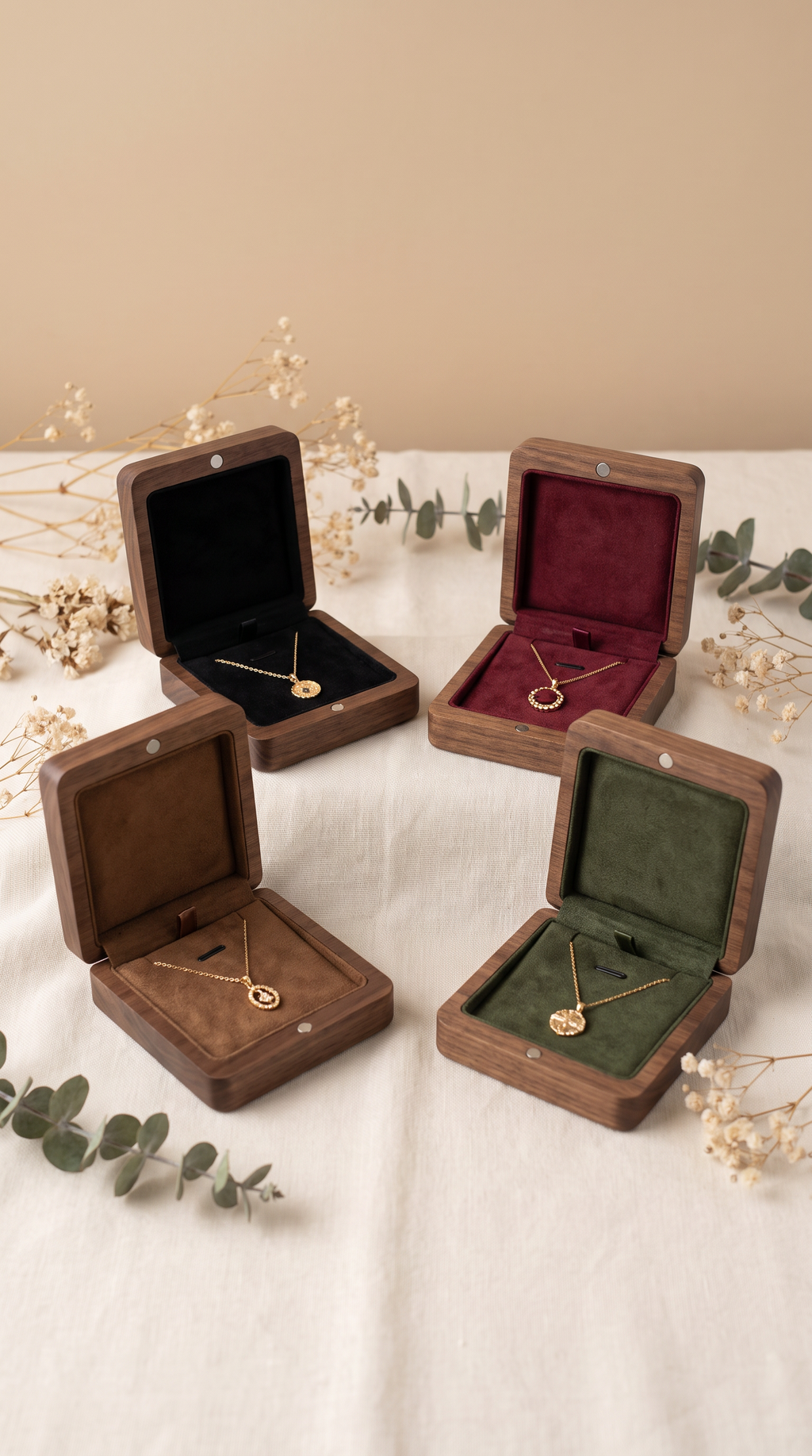 Assorted walnut necklace boxes with open lids, velvet inserts in multiple colors