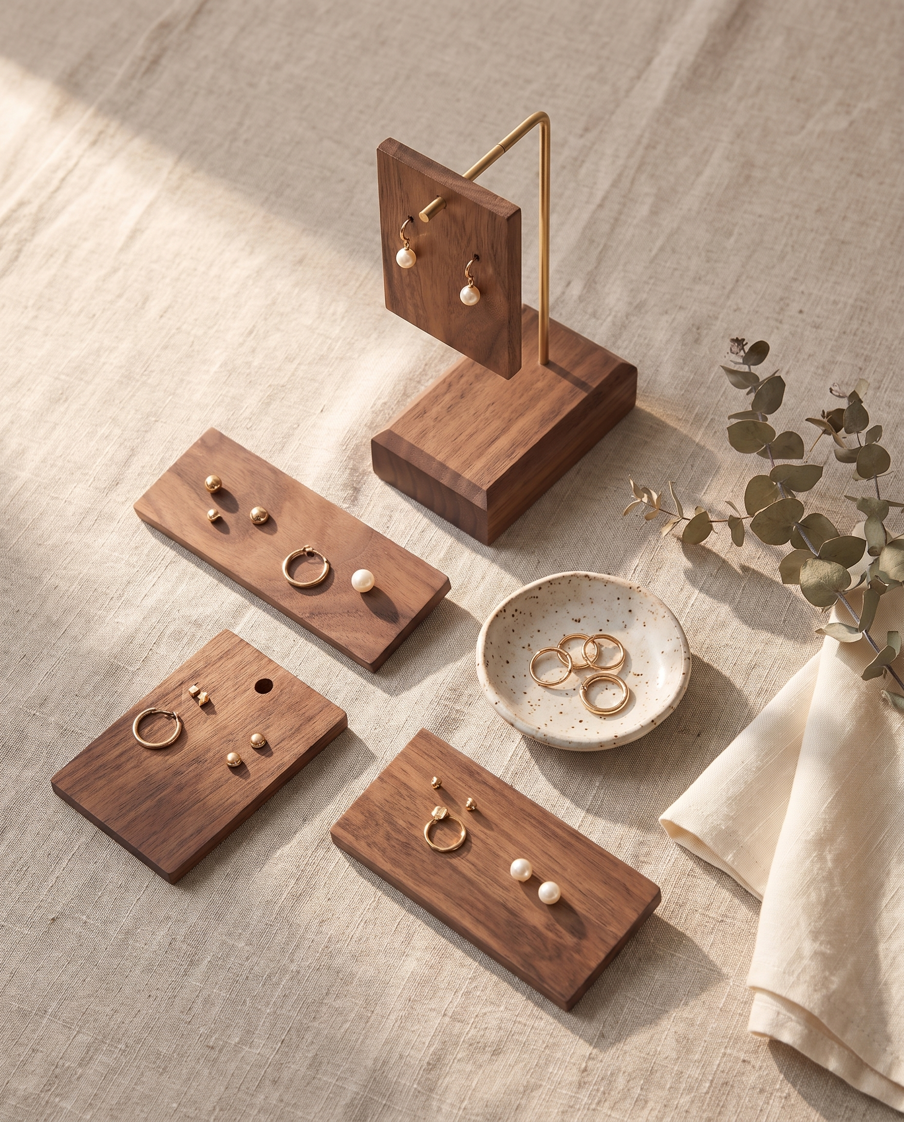 Walnut earring holder boards displayed with earrings, dark wood set on a light fabric
