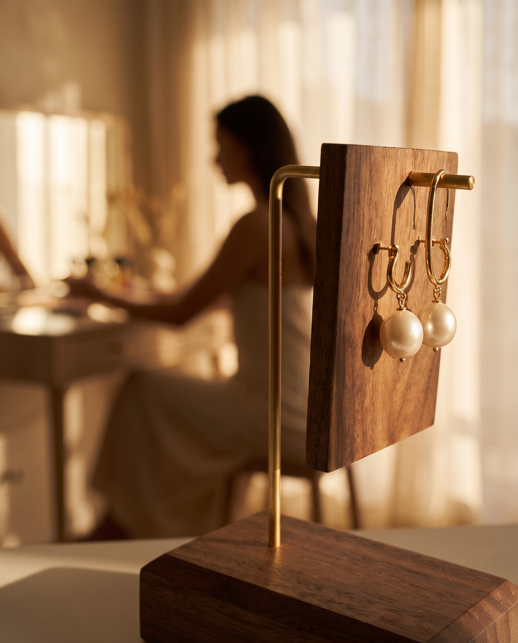 Walnut earring holder stand with oval pearl earrings hanging on frame