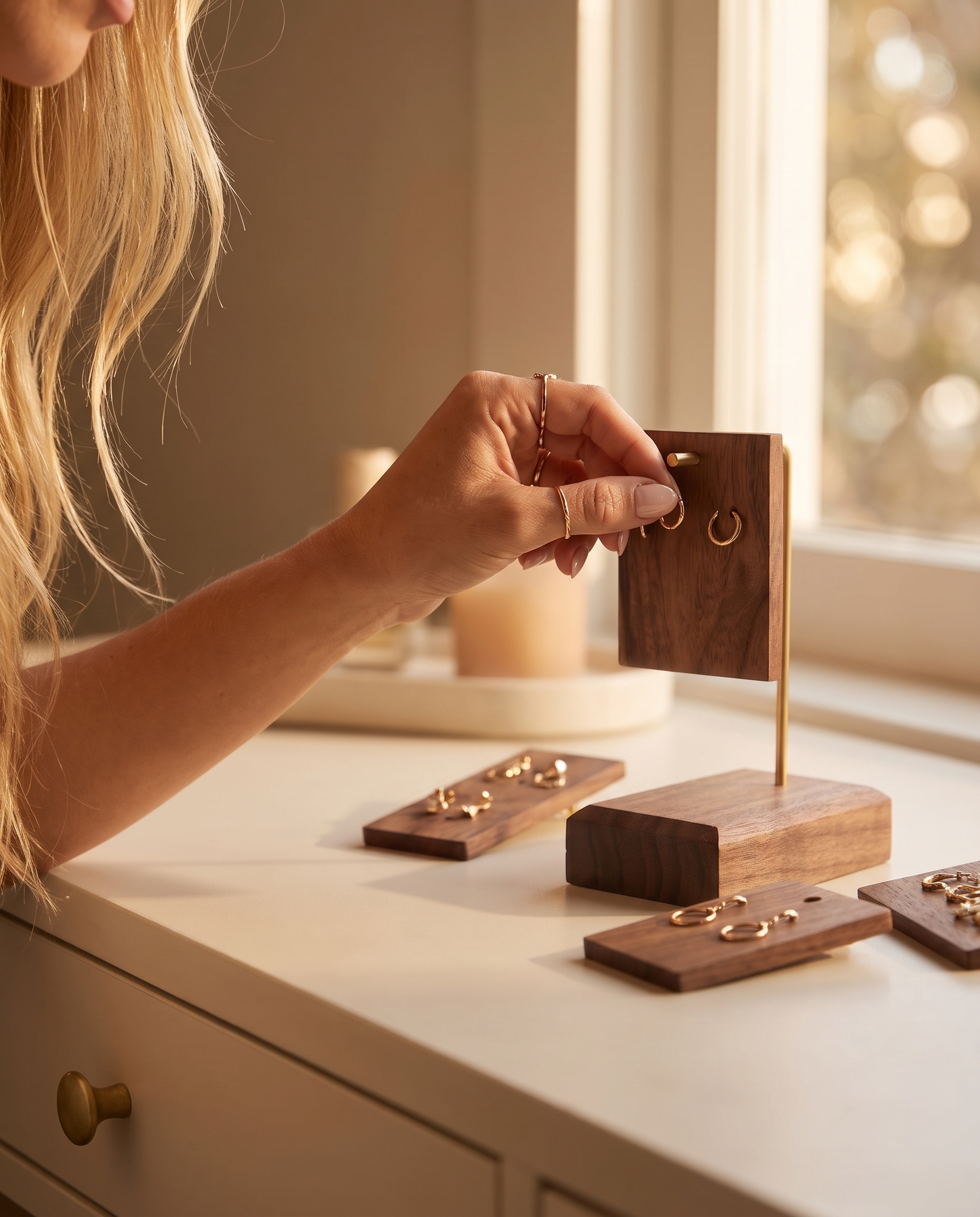Walnut earring holder stand with earrings arranged on small wooden bases
