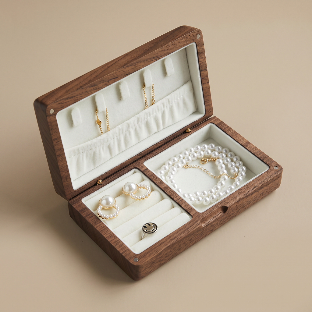 Walnut jewelry box open with white velvet insert and pearl necklace and earring sections.
