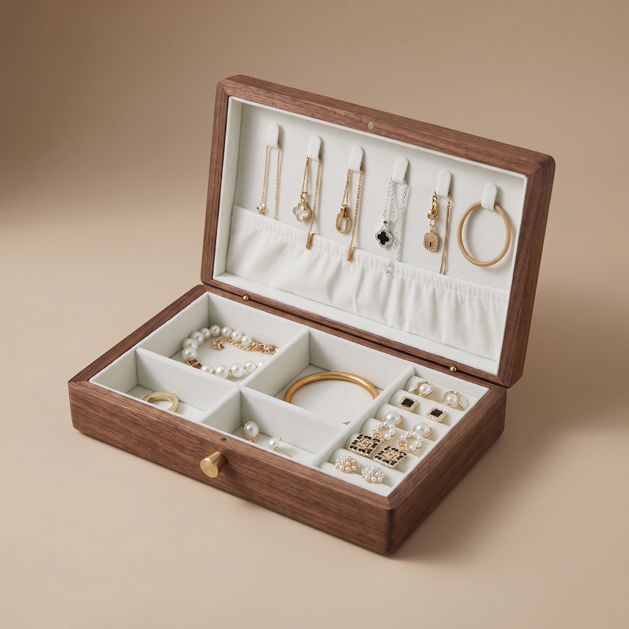 Walnut jewelry box open with white velvet panel and divided compartments for rings and earrings.
