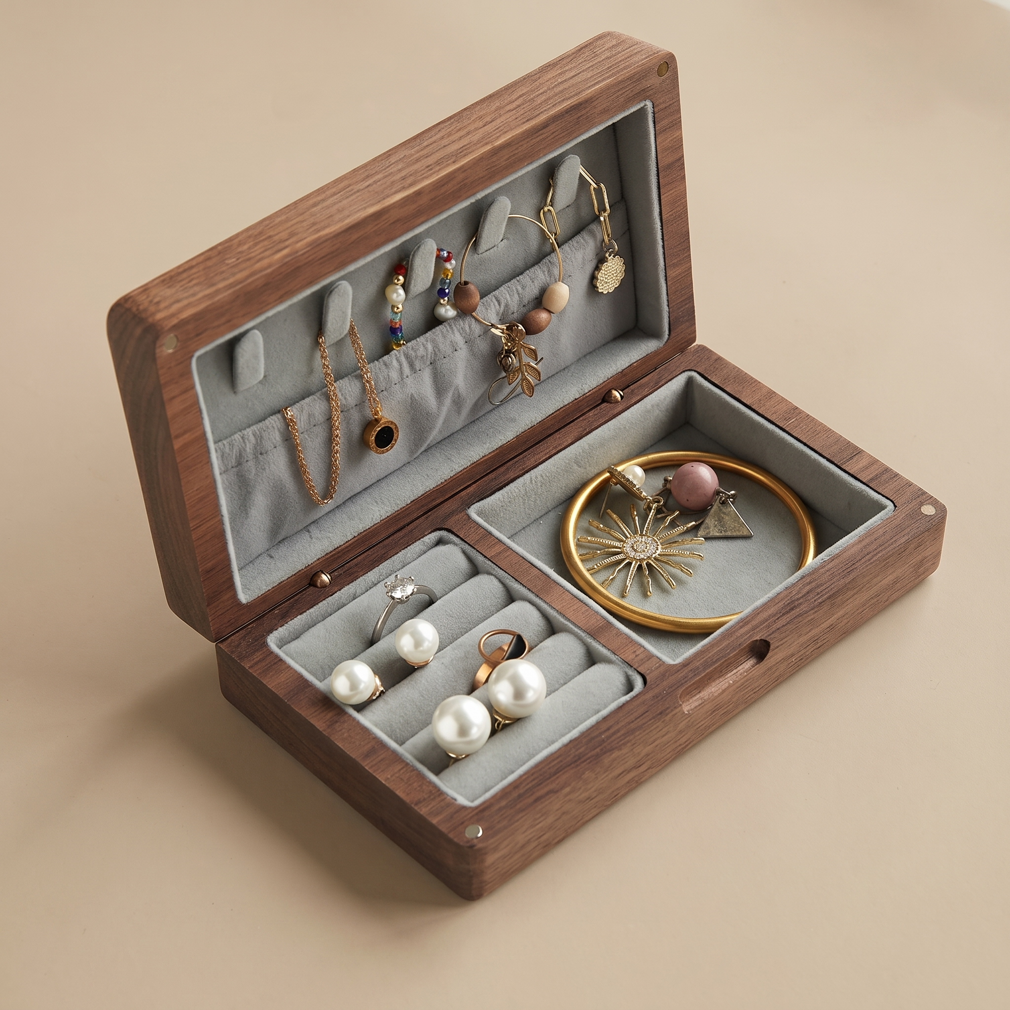 Walnut jewelry box open with gray velvet insert and compartments for necklaces and rings.