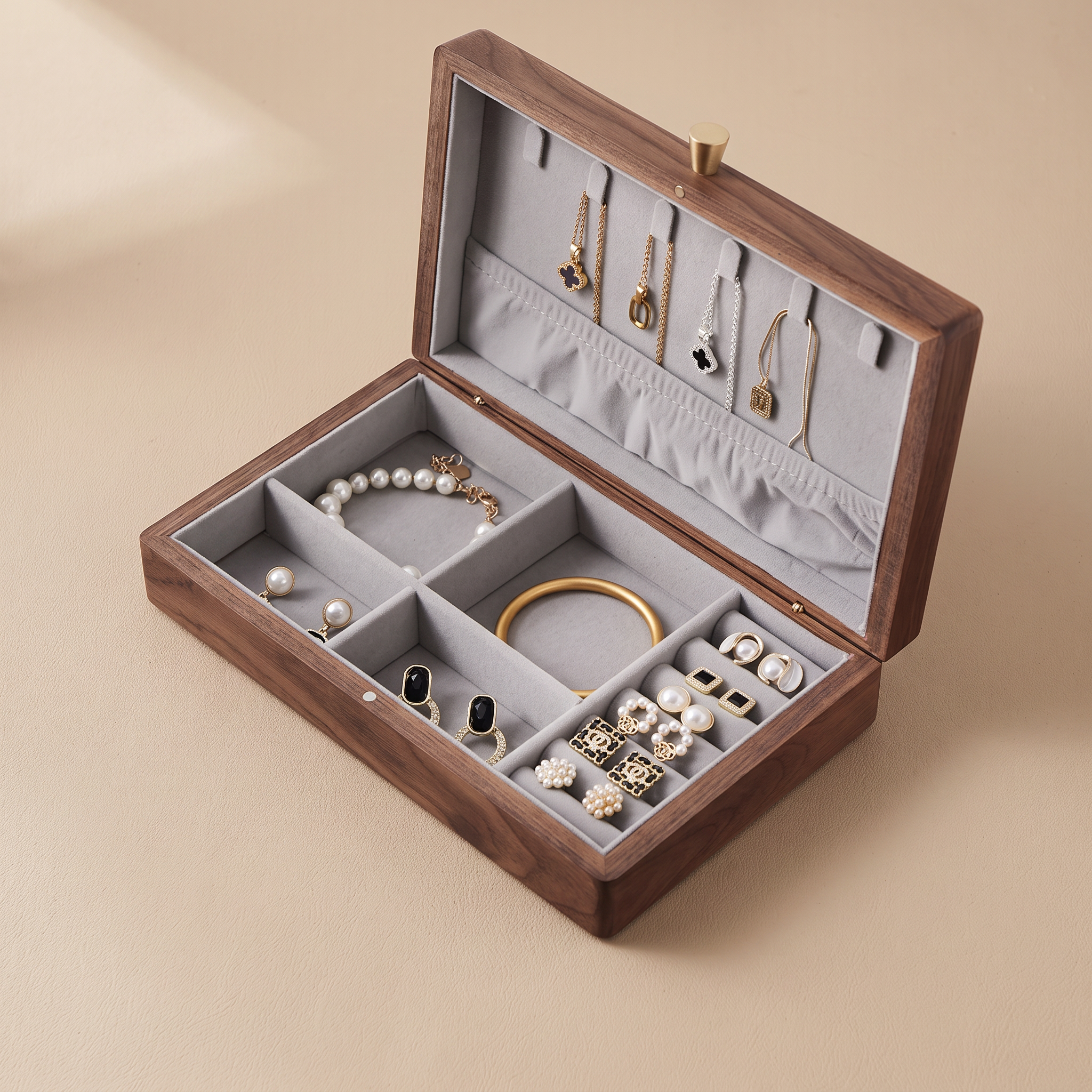 Walnut jewelry box with grey velvet organizer, open compartments for earrings, rings, bracelets